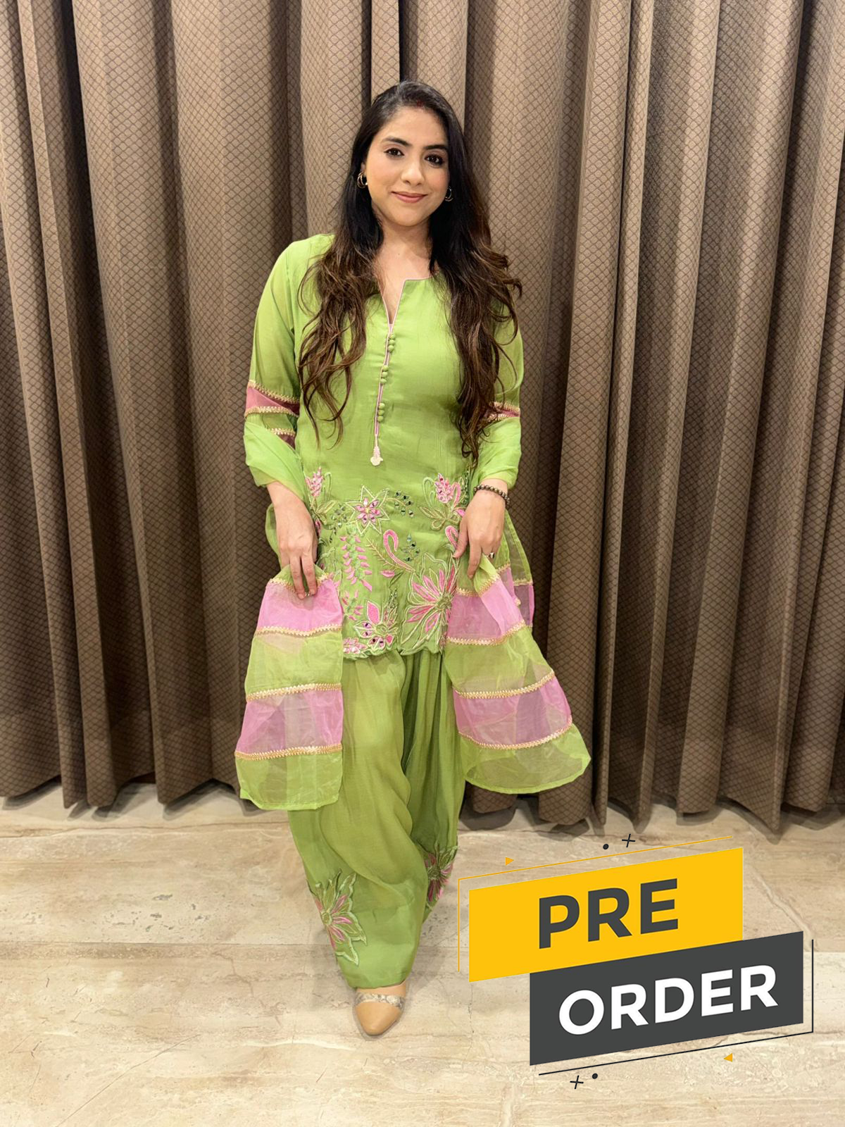 Designer Green & Pink Contrast Farshi Set with duppata and handwork detailing