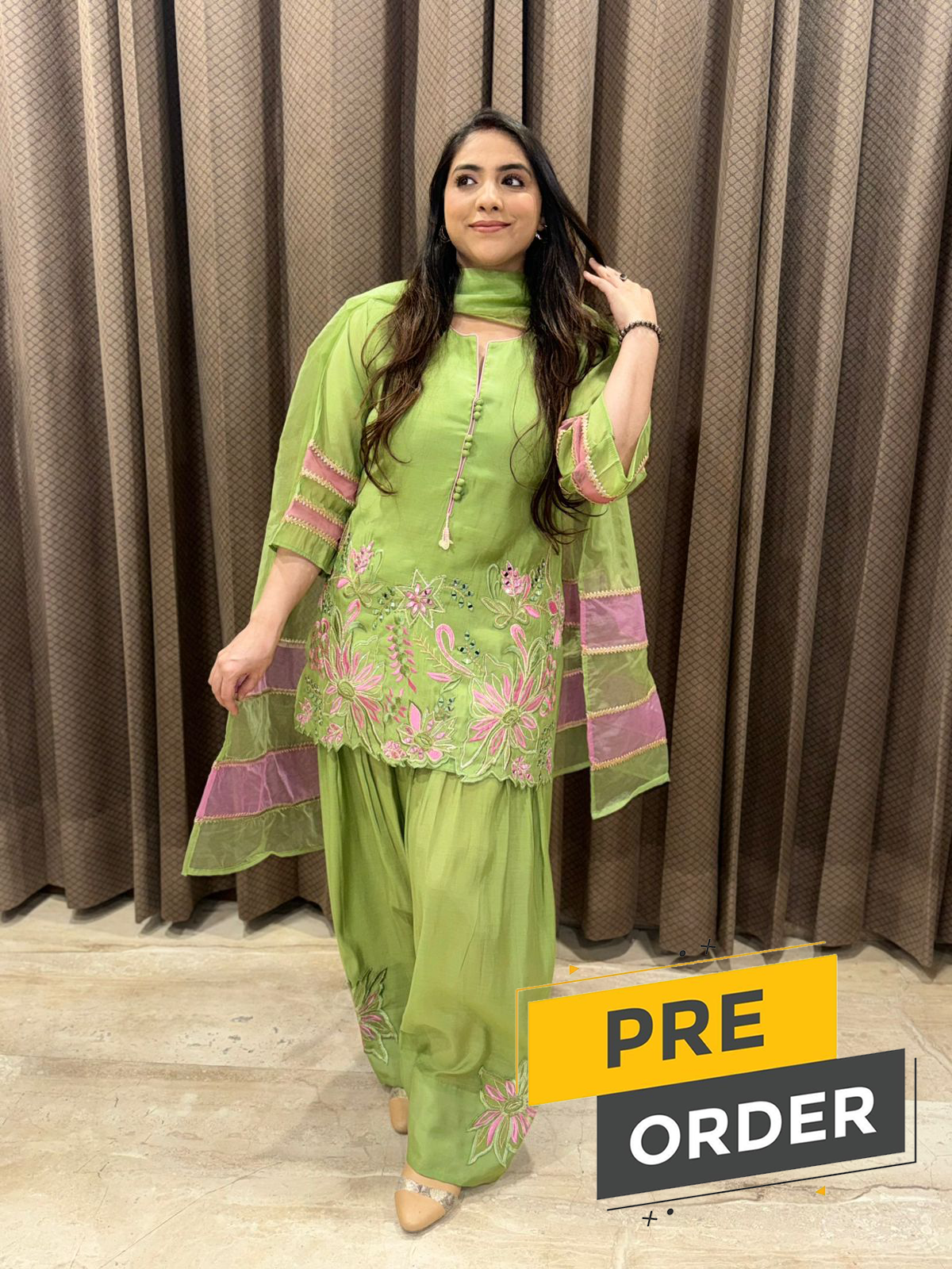 Designer Green & Pink Contrast Farshi Set with duppata and handwork detailing
