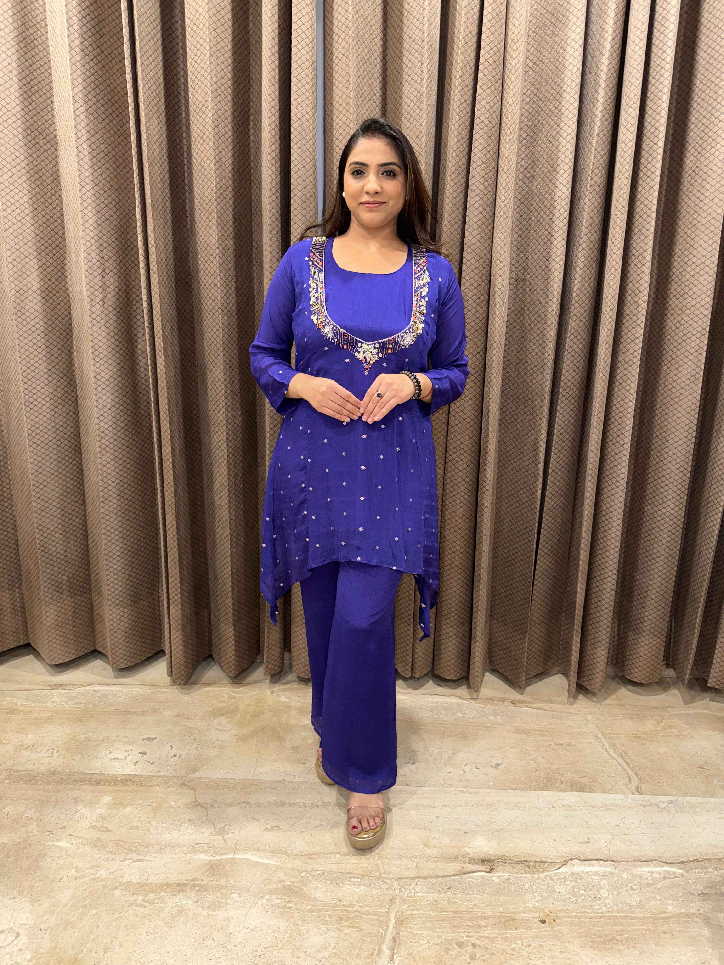 Purple Mirror Work Asymmetrical Kurta Set with Pants
