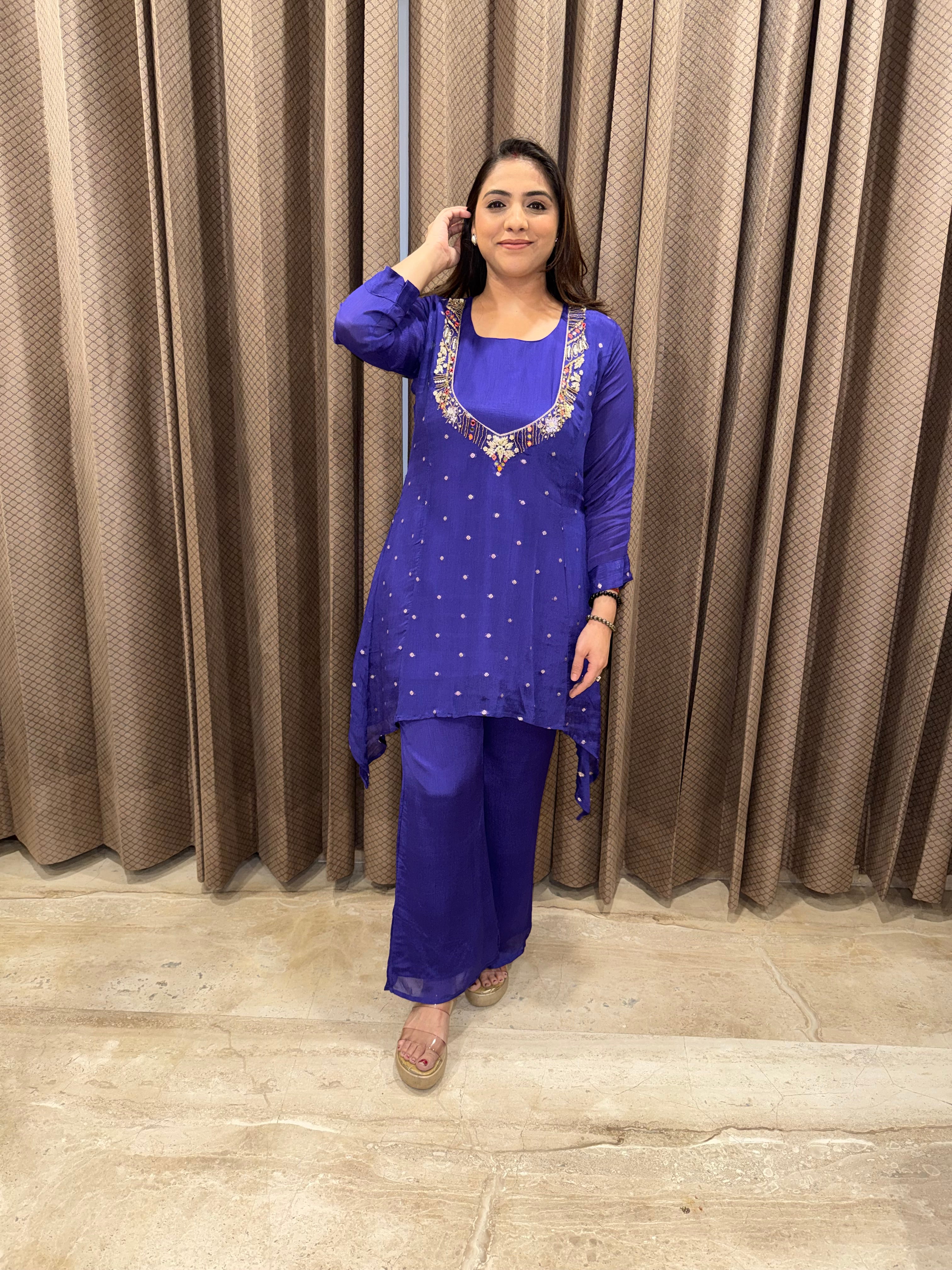 Purple Mirror Work Asymmetrical Kurta Set with Pants