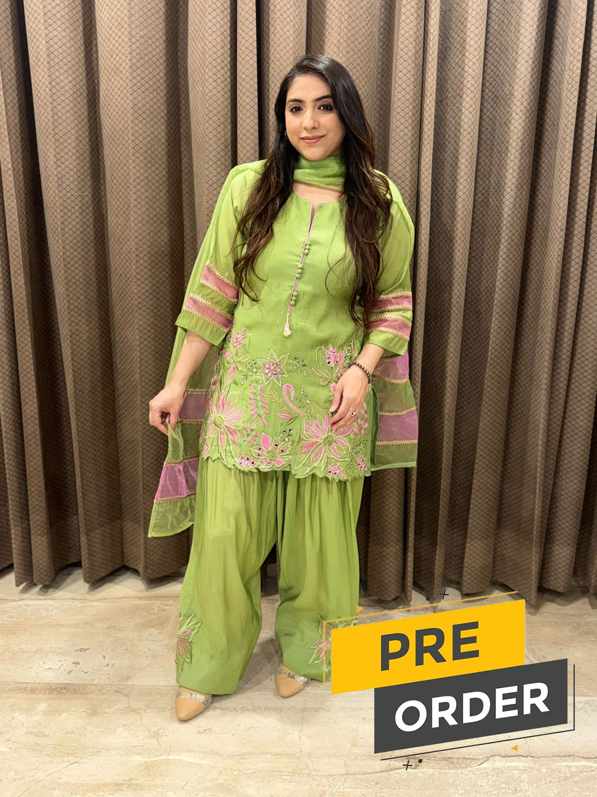 Designer Green & Pink Contrast Farshi Set with duppata and handwork detailing