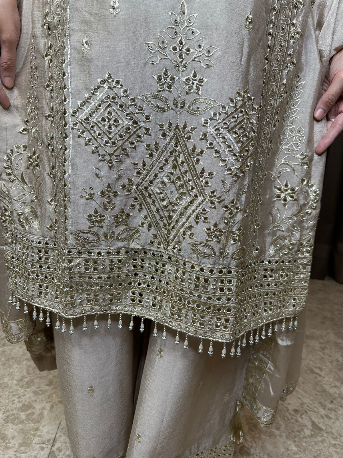 Champagne Cut-work Mirror Suit with Lining