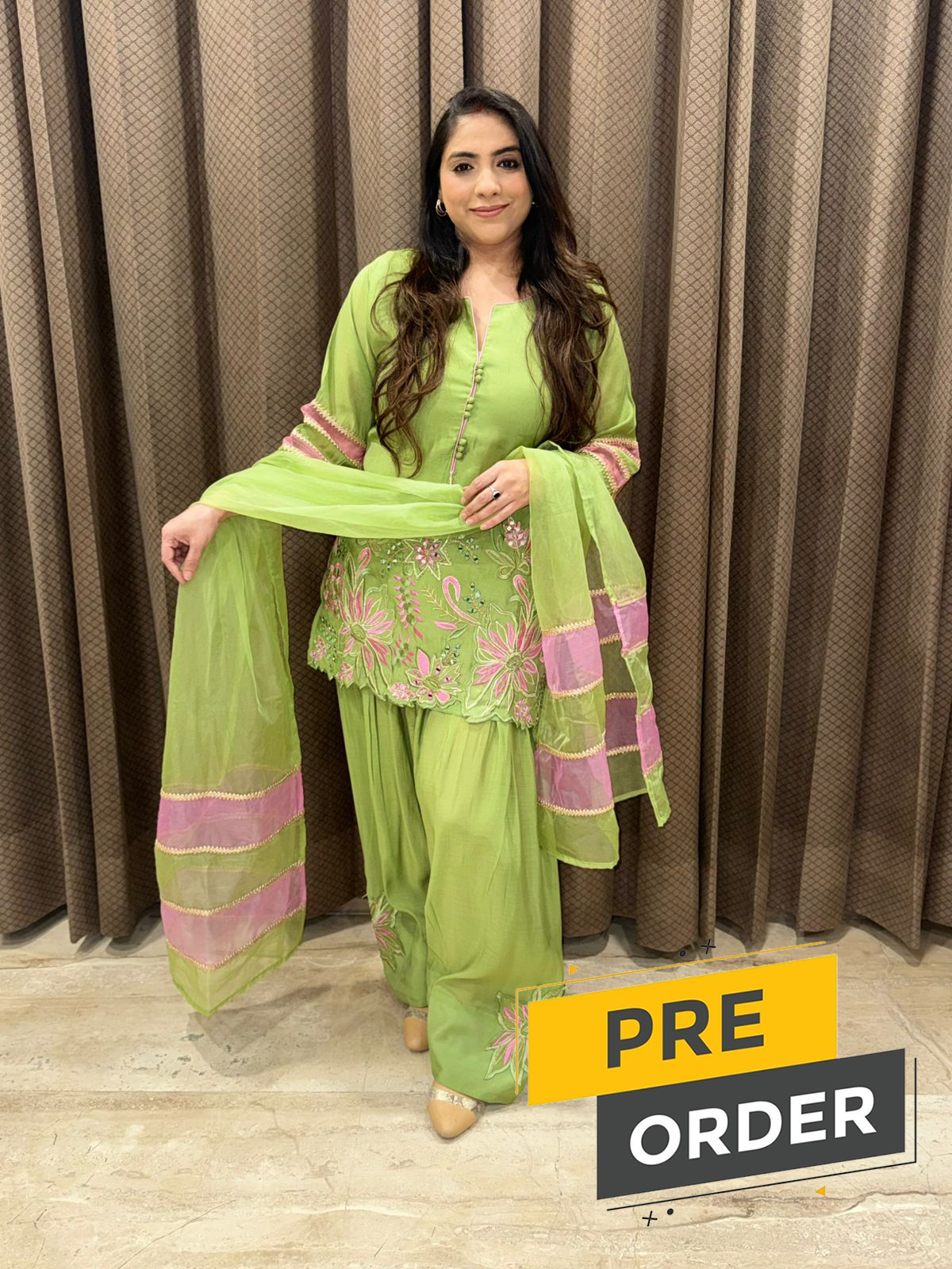 Designer Green & Pink Contrast Farshi Set with duppata and handwork detailing