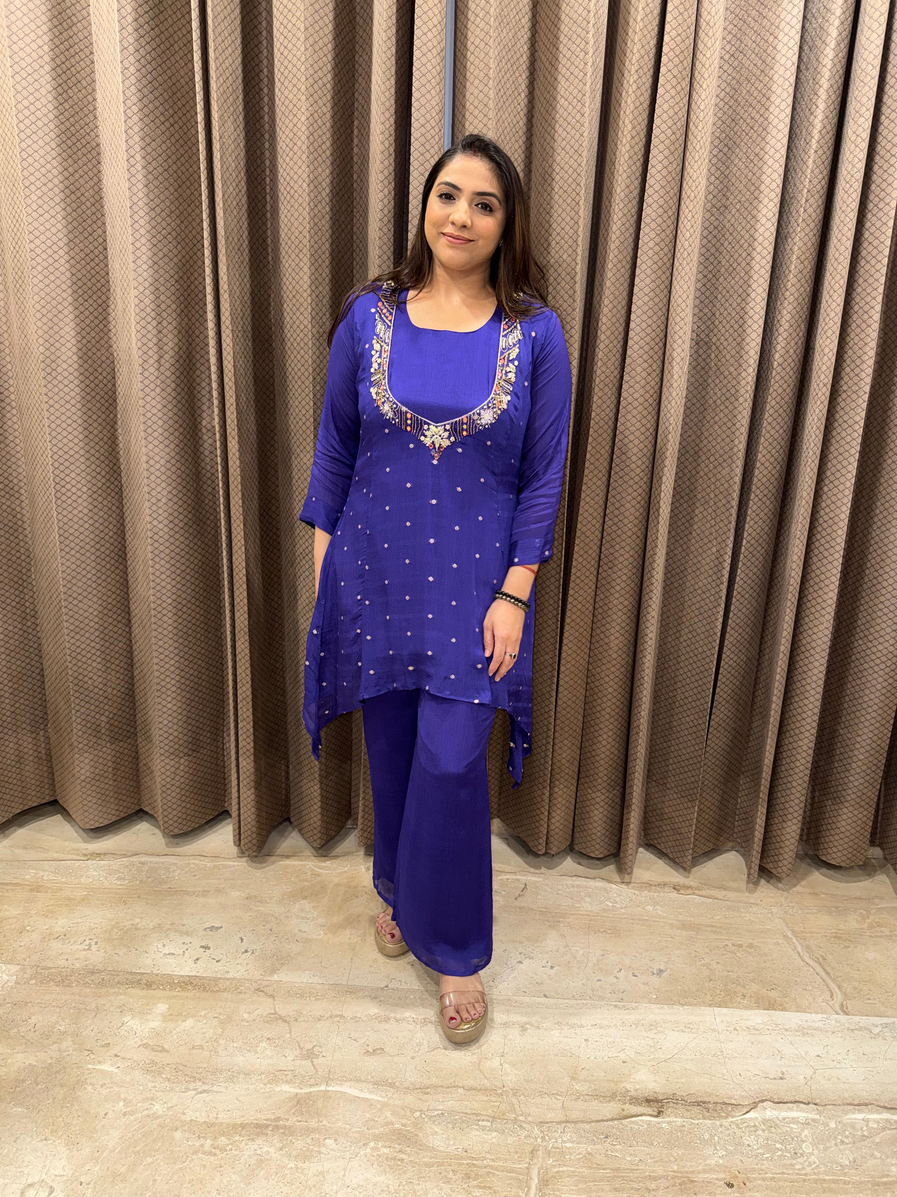Purple Mirror Work Asymmetrical Kurta Set with Pants