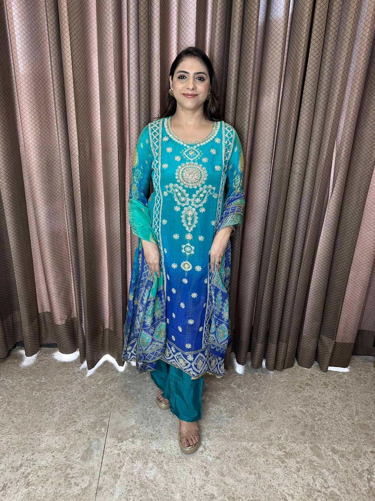 Teal Blue Ombre Embroidered Suit Set