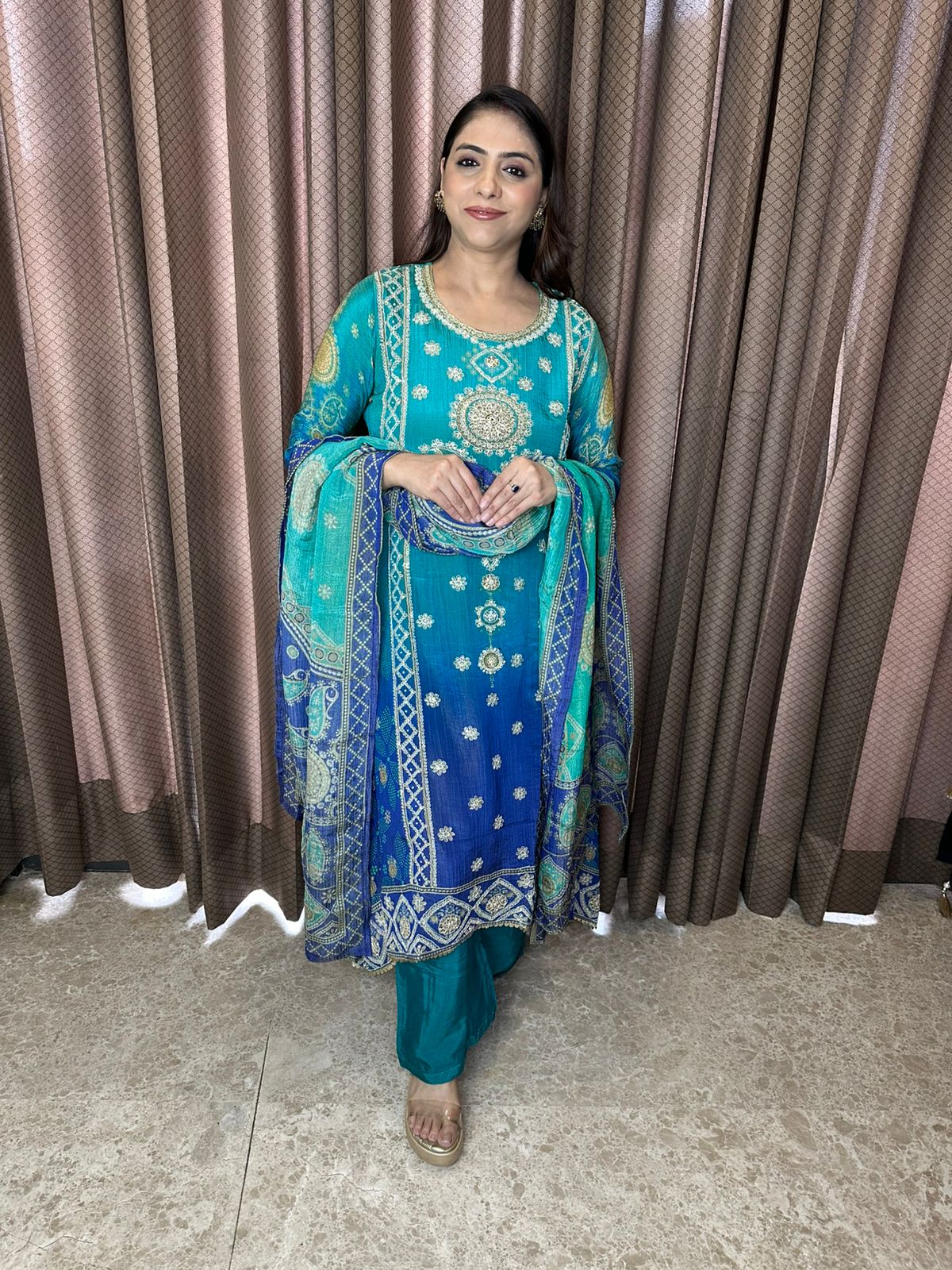 Teal Blue Ombre Embroidered Suit Set