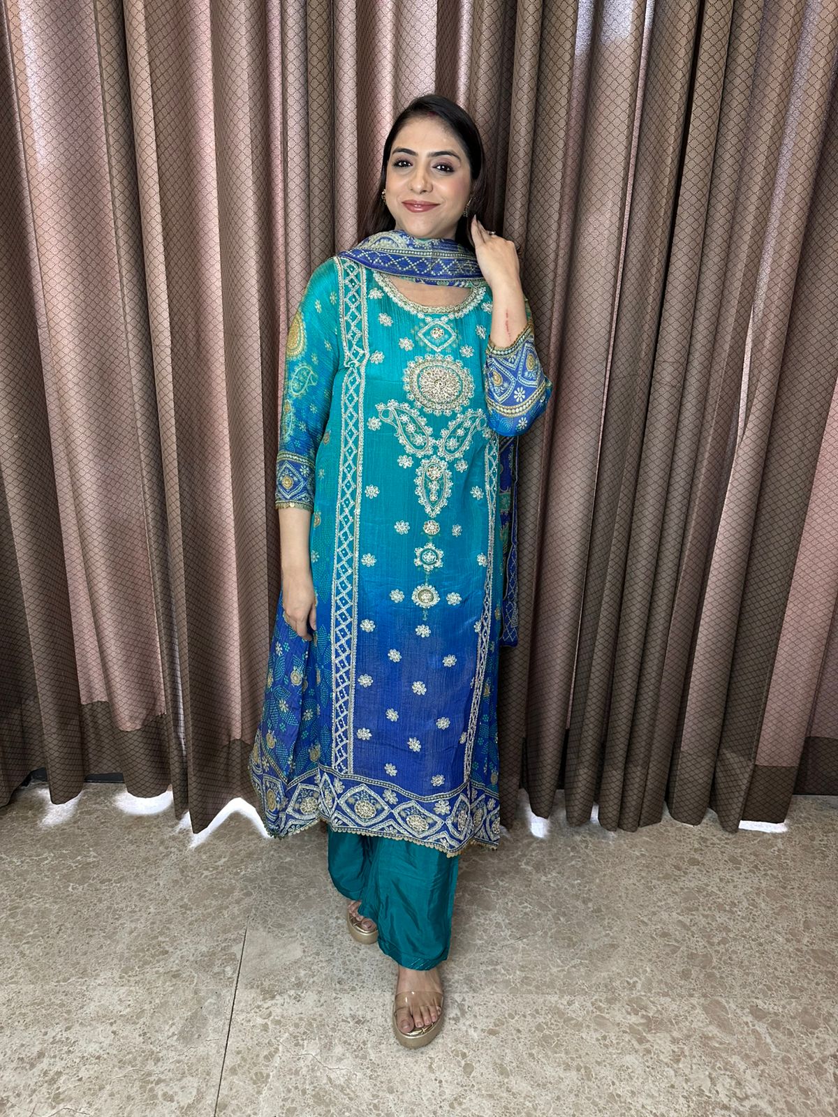 Teal Blue Ombre Embroidered Suit Set