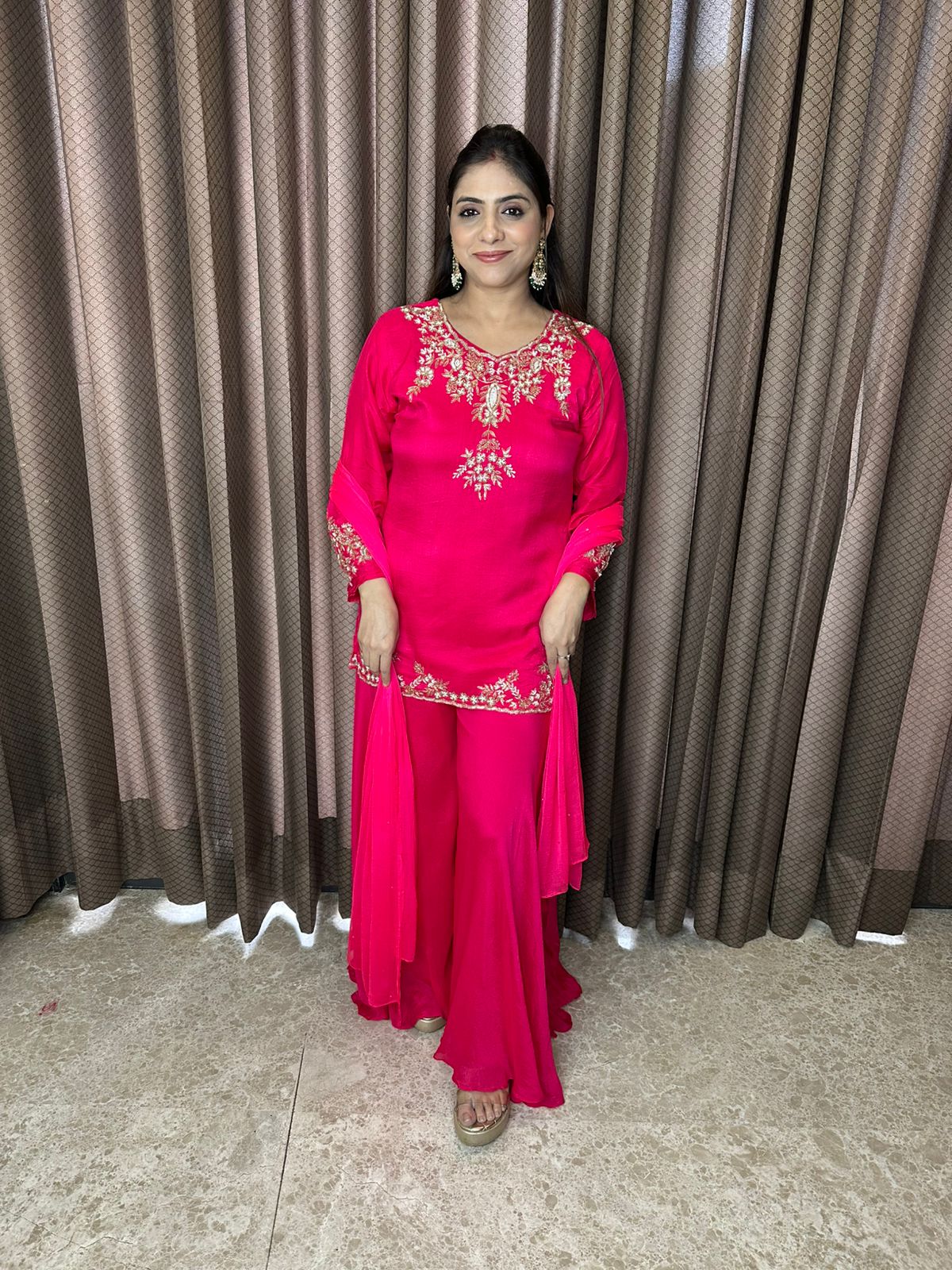 Fuchsia Pink Hand-work Sharara Suit Set