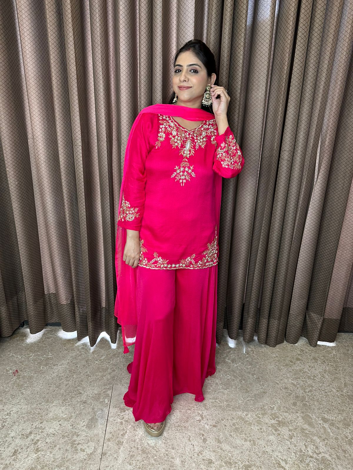 Fuchsia Pink Hand-work Sharara Suit Set