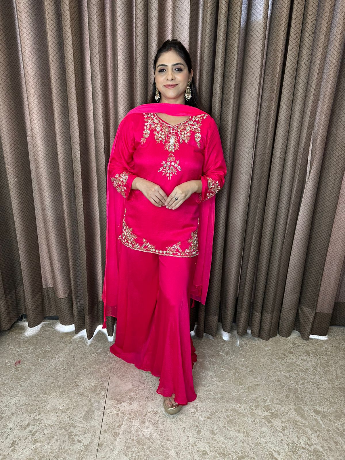 Fuchsia Pink Hand-work Sharara Suit Set