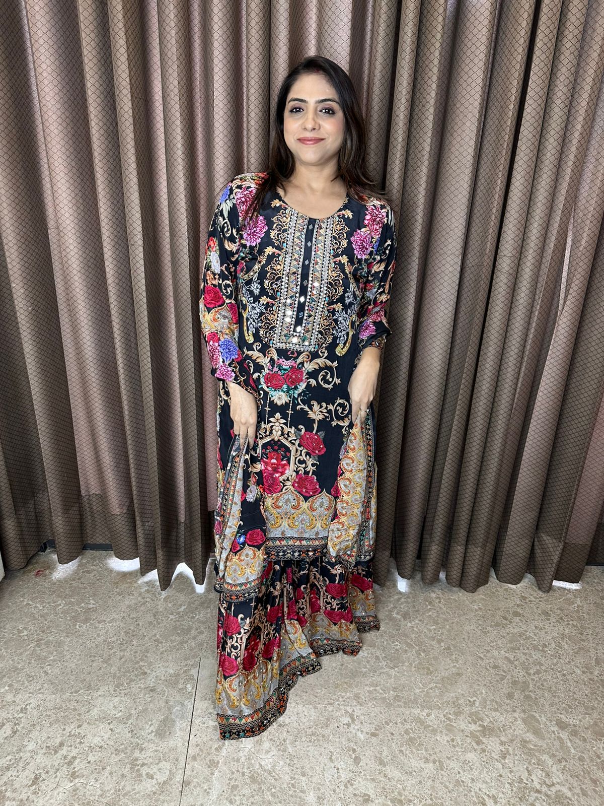 Black Multicolor Floral & Baroque Print Sharara Suit Set