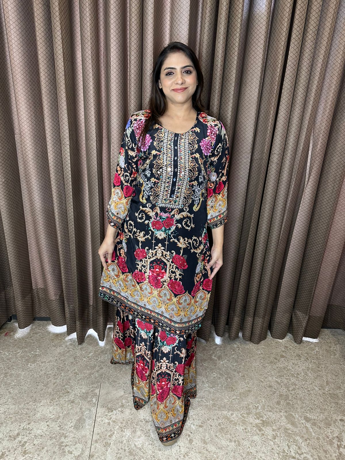 Black Multicolor Floral & Baroque Print Sharara Suit Set