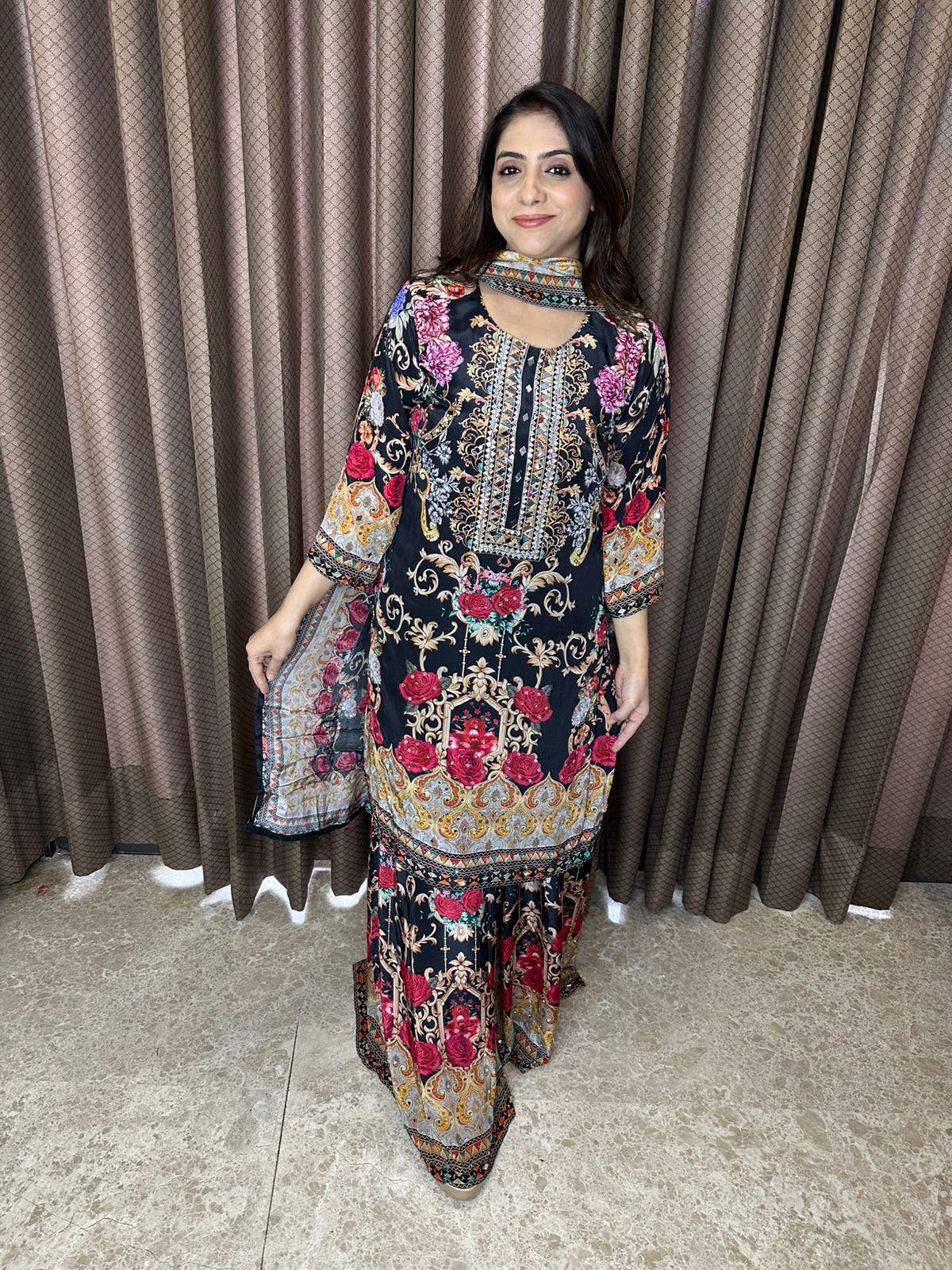 Black Multicolor Floral & Baroque Print Sharara Suit Set