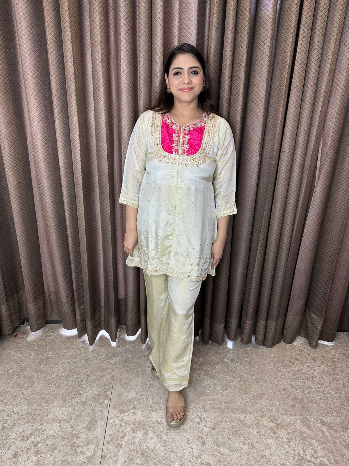 Ivory A-line Co-ord Set with Contrasting Pink Yoke Detailing