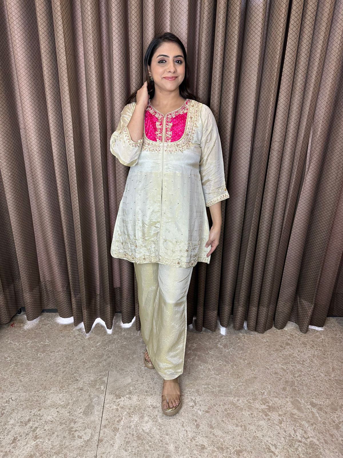 Ivory A-line Co-ord Set with Contrasting Pink Yoke Detailing