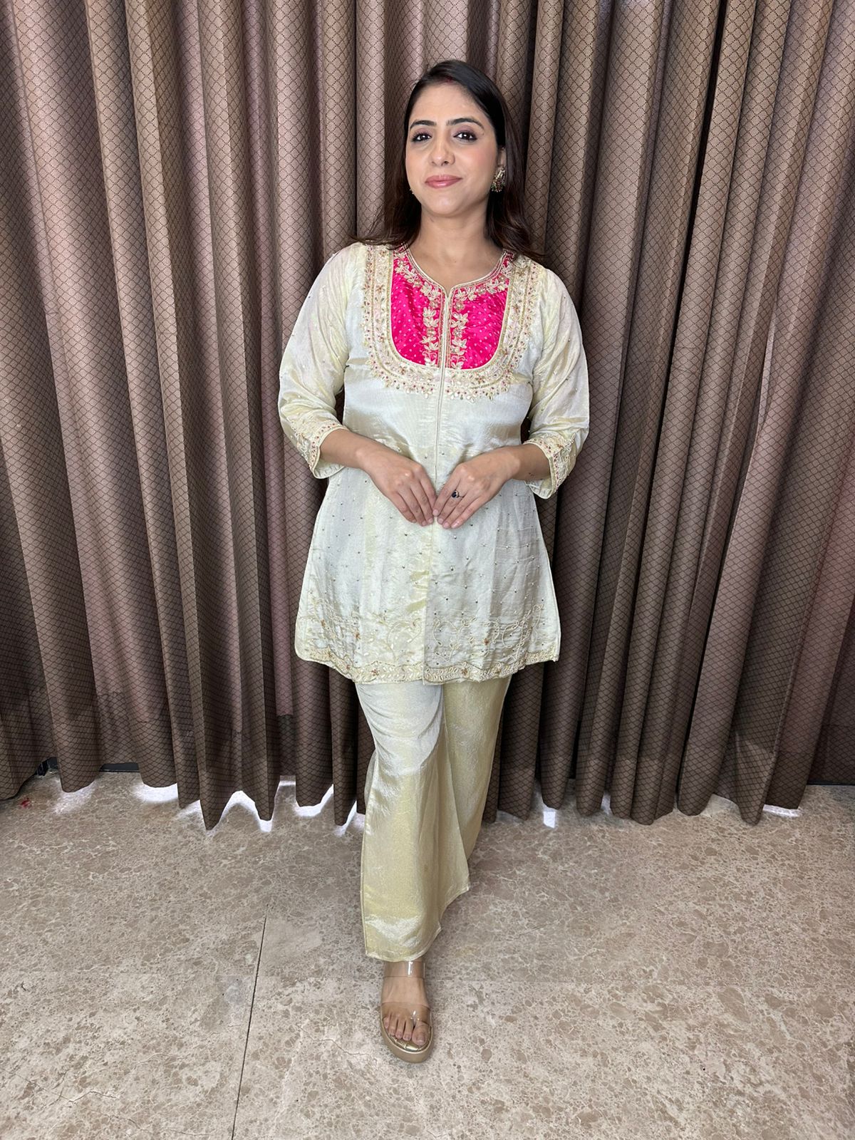 Ivory A-line Co-ord Set with Contrasting Pink Yoke Detailing