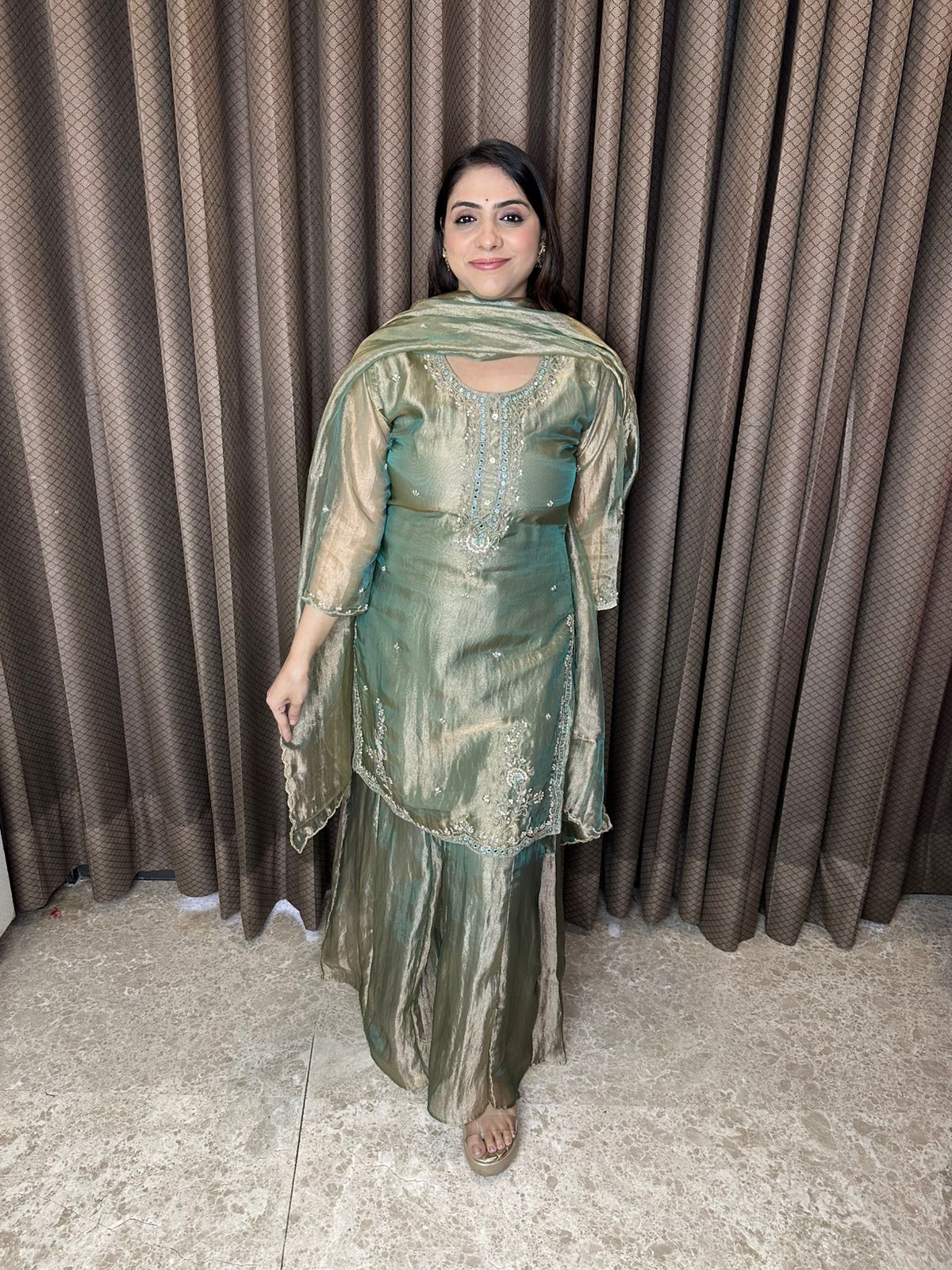 Olive Green Crush Shimmer Hand-work Sharara Suit Set