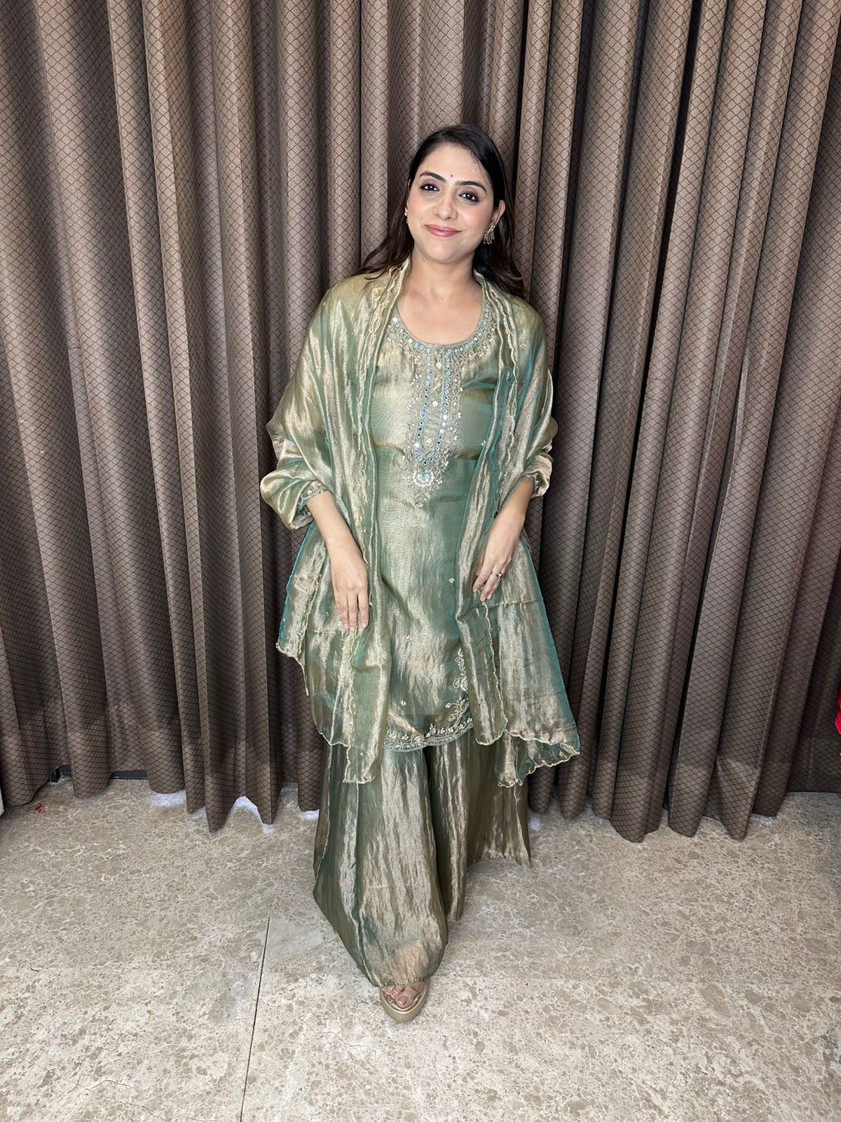 Olive Green Crush Shimmer Hand-work Sharara Suit Set