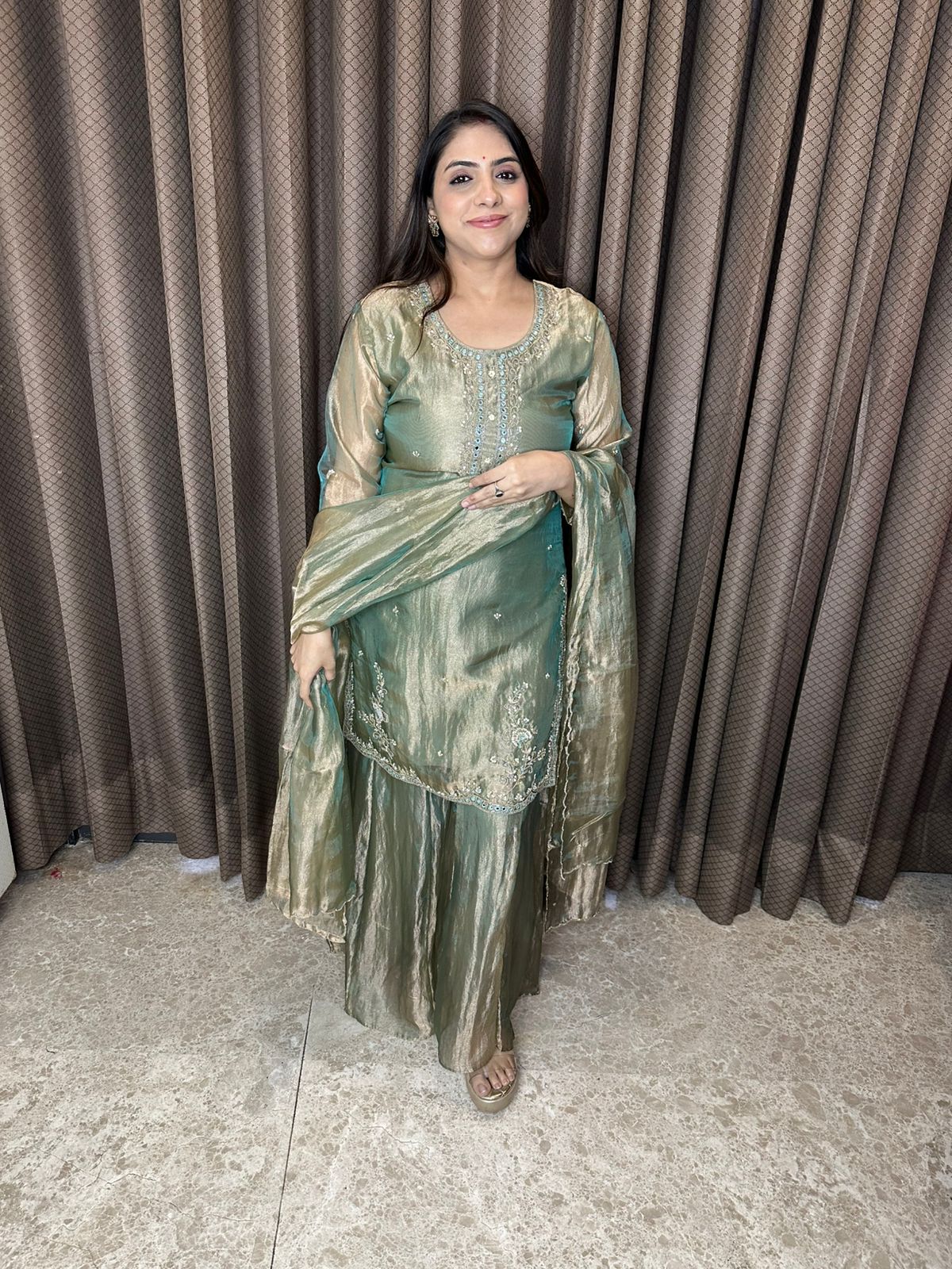 Olive Green Crush Shimmer Hand-work Sharara Suit Set