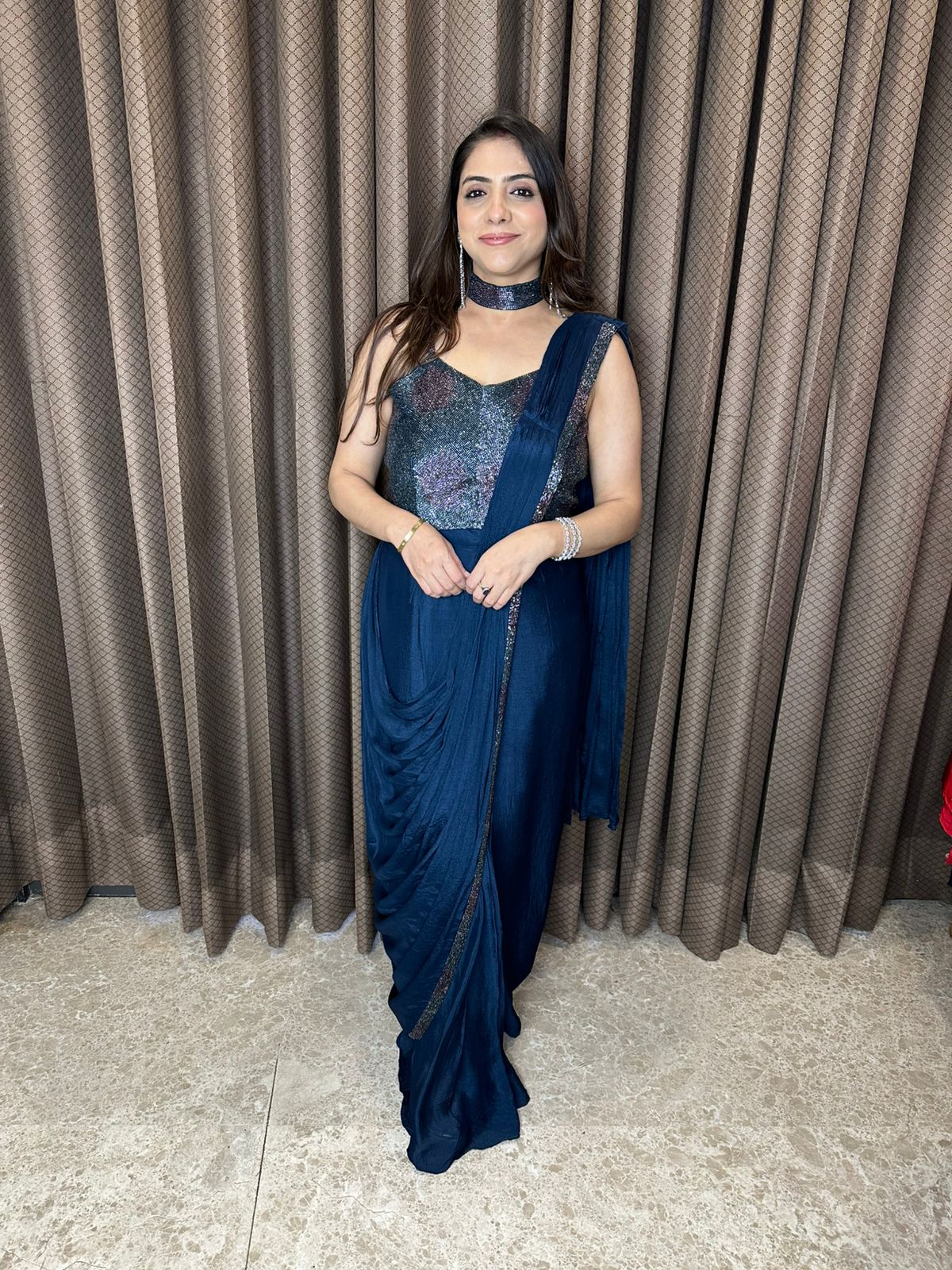 Navy Blue Drape Saree with Sequined Blouse & Belt