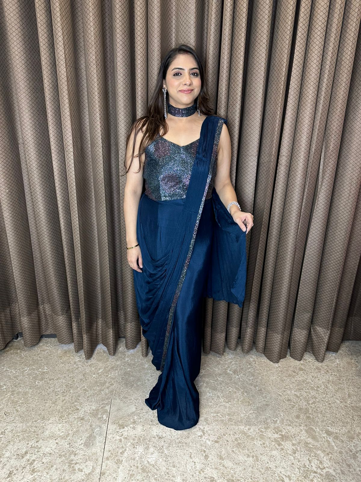 Navy Blue Drape Saree with Sequined Blouse & Belt