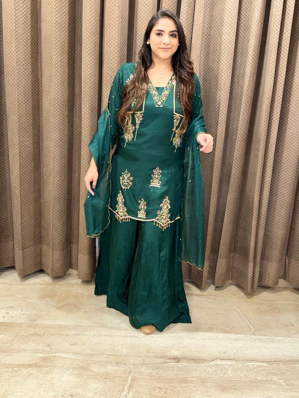 Designer Green sharara suit set with dupatta and handwork