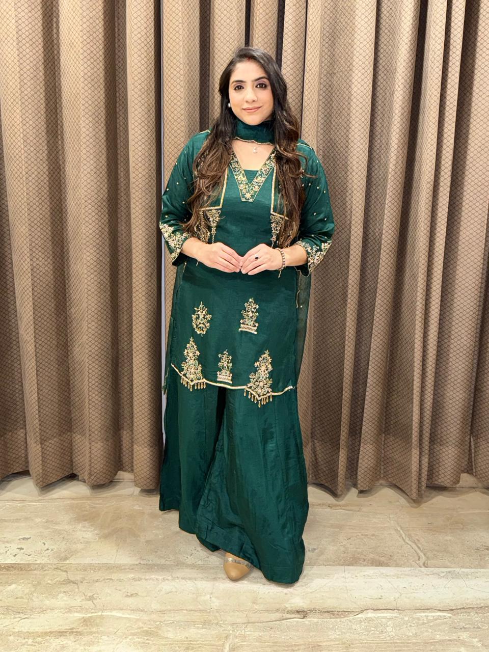 Designer Green sharara suit set with dupatta and handwork