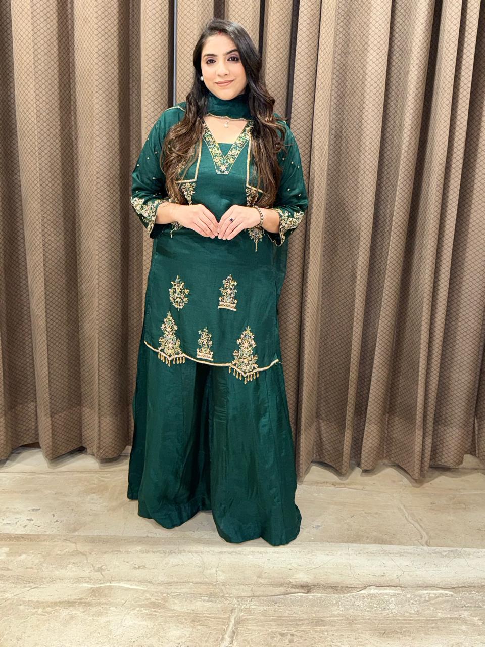 Designer Green sharara suit set with dupatta and handwork