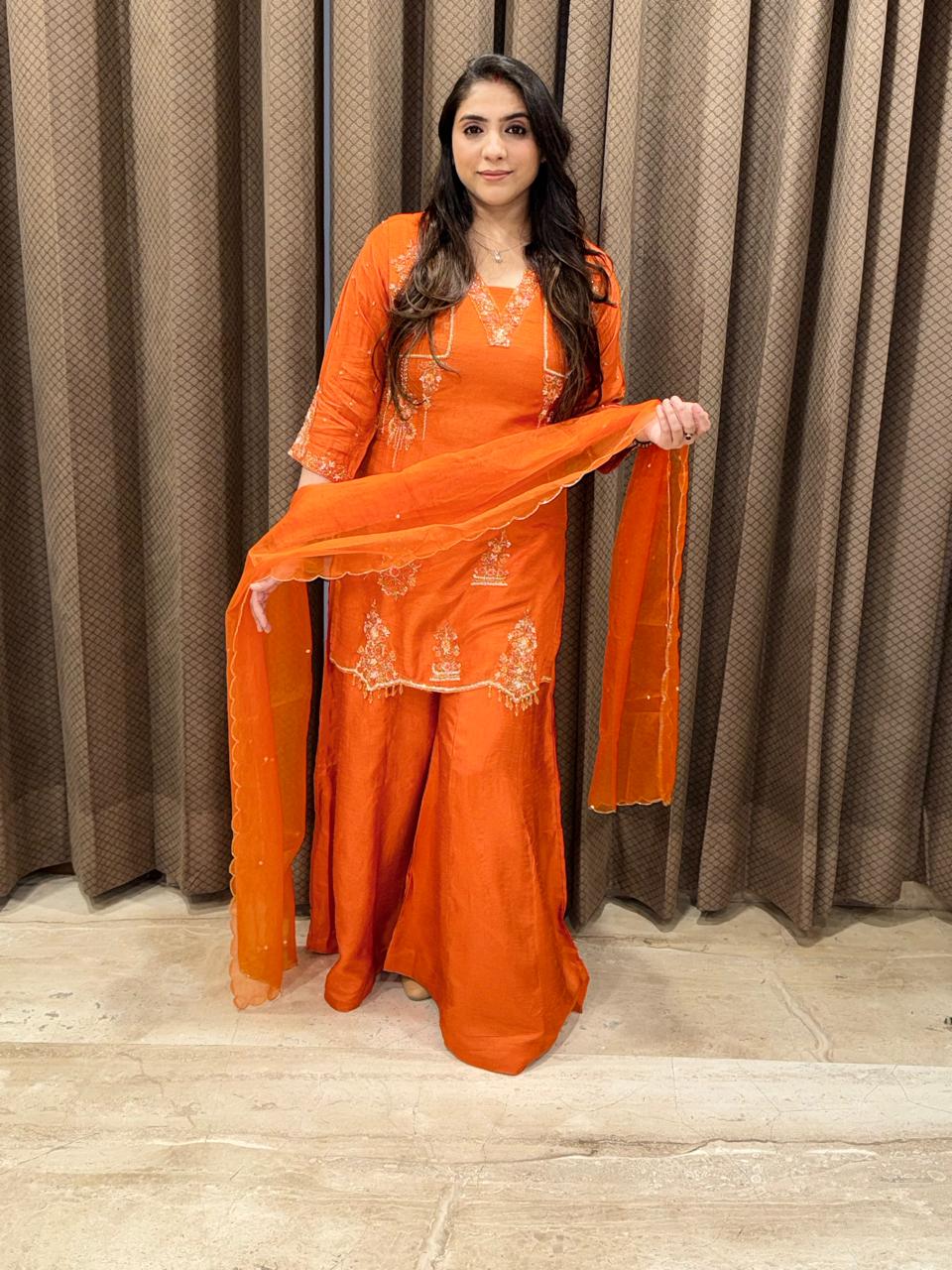 Designer Rust sharara set with dupatta and handwork