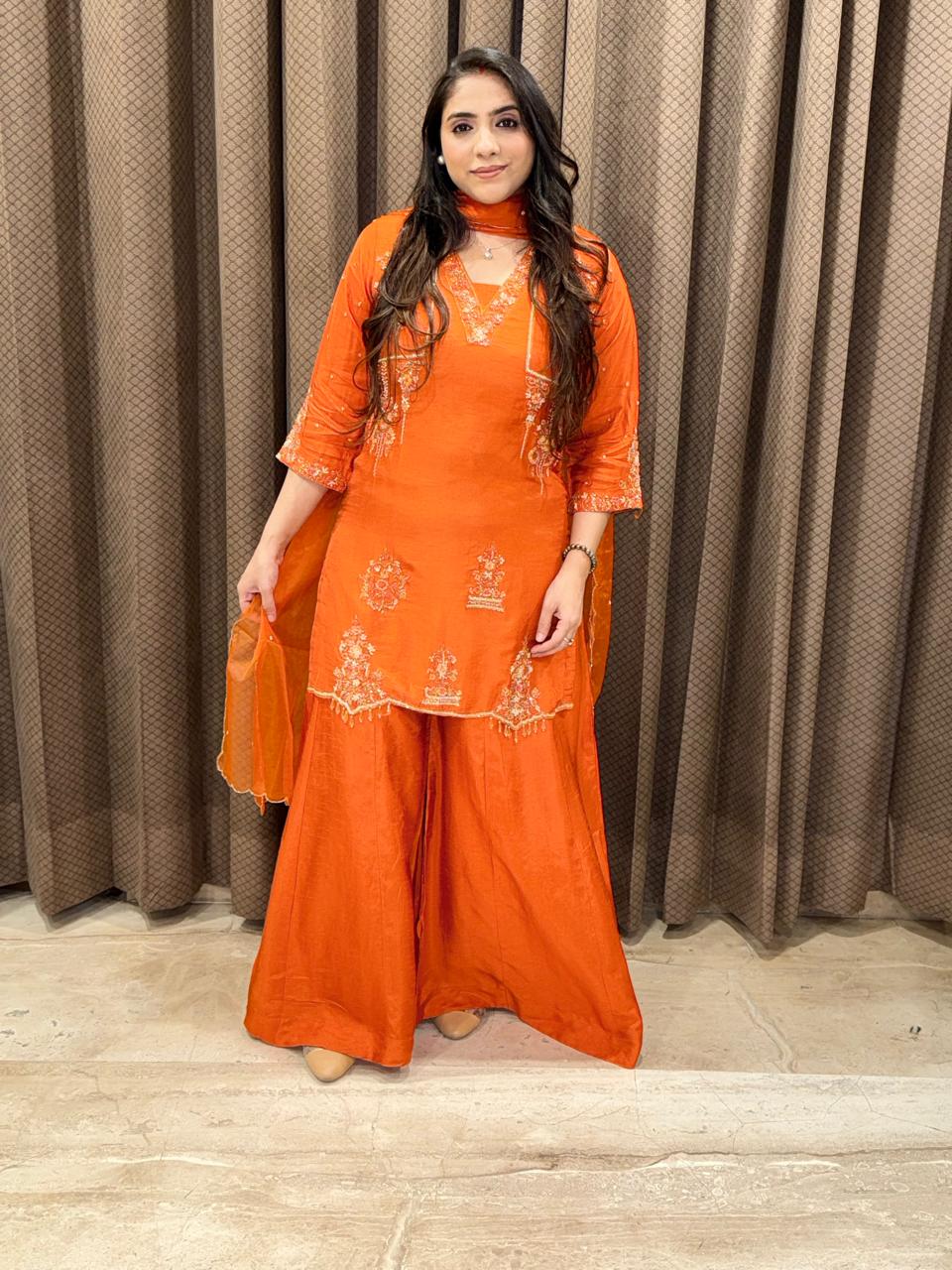 Designer Rust sharara set with dupatta and handwork