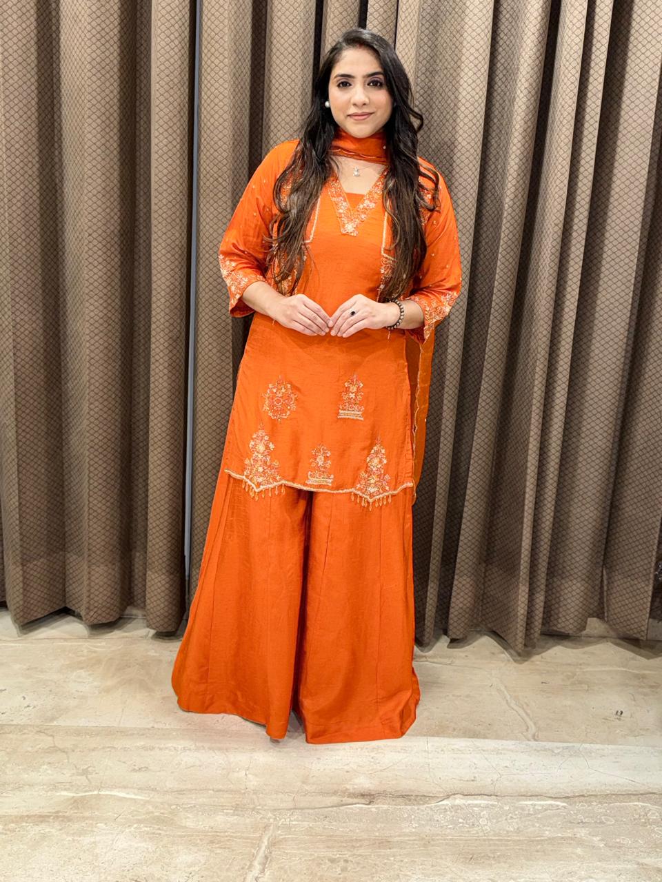 Designer Rust sharara set with dupatta and handwork