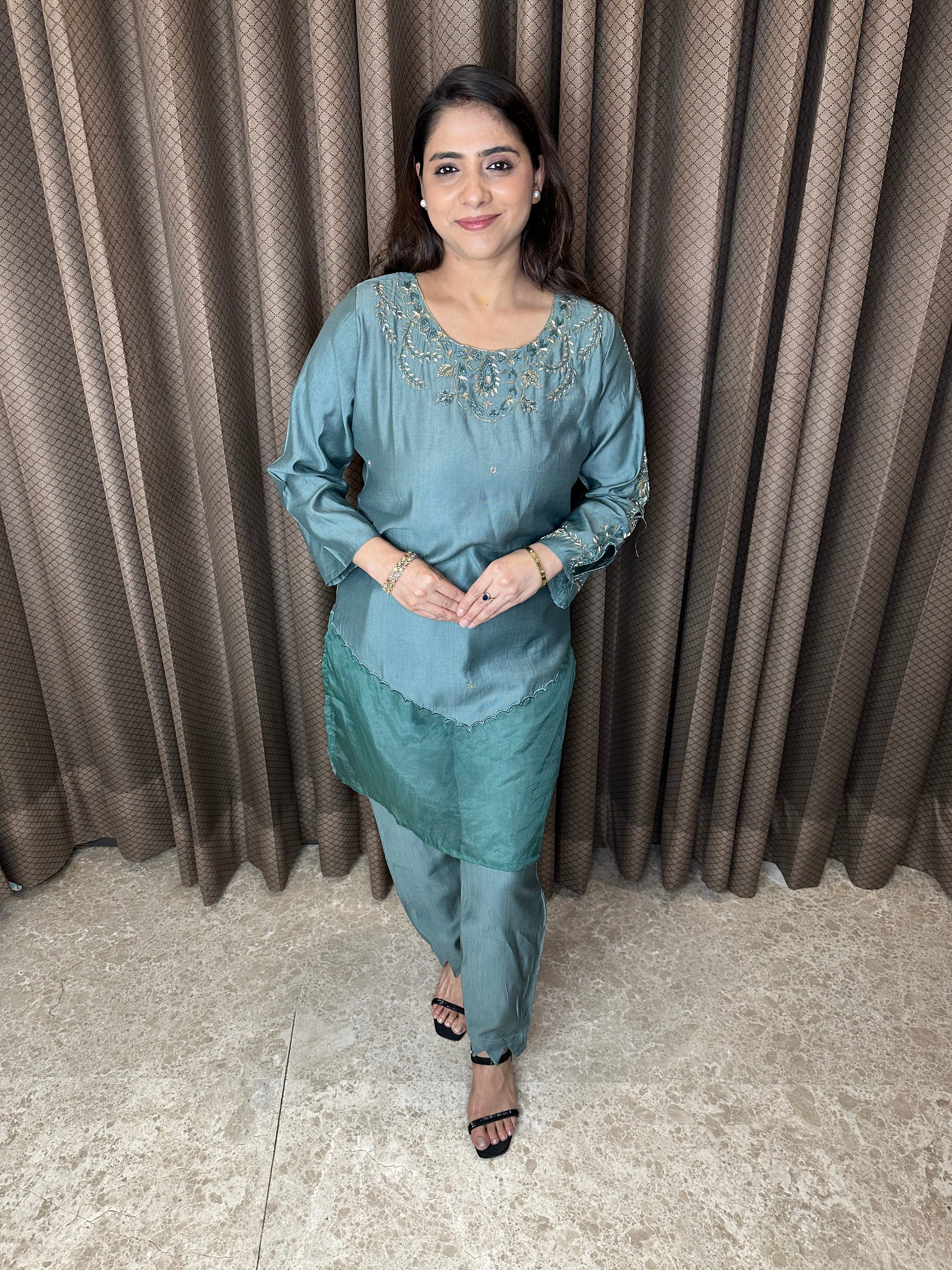 Green Embroidered Co-ord Set in cotton Blend