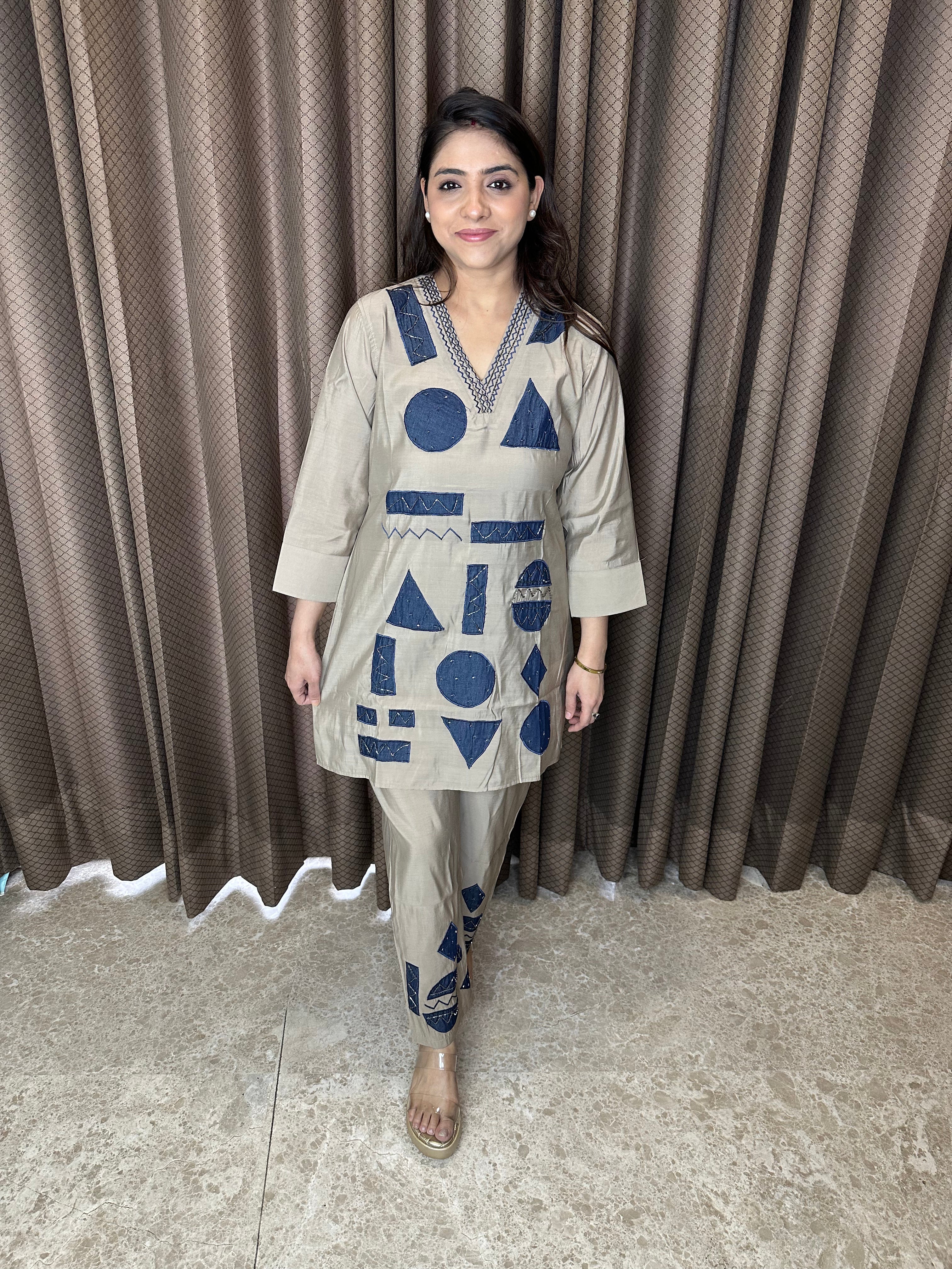 Earthy Brown geometrical Co-ord Set in Cotton