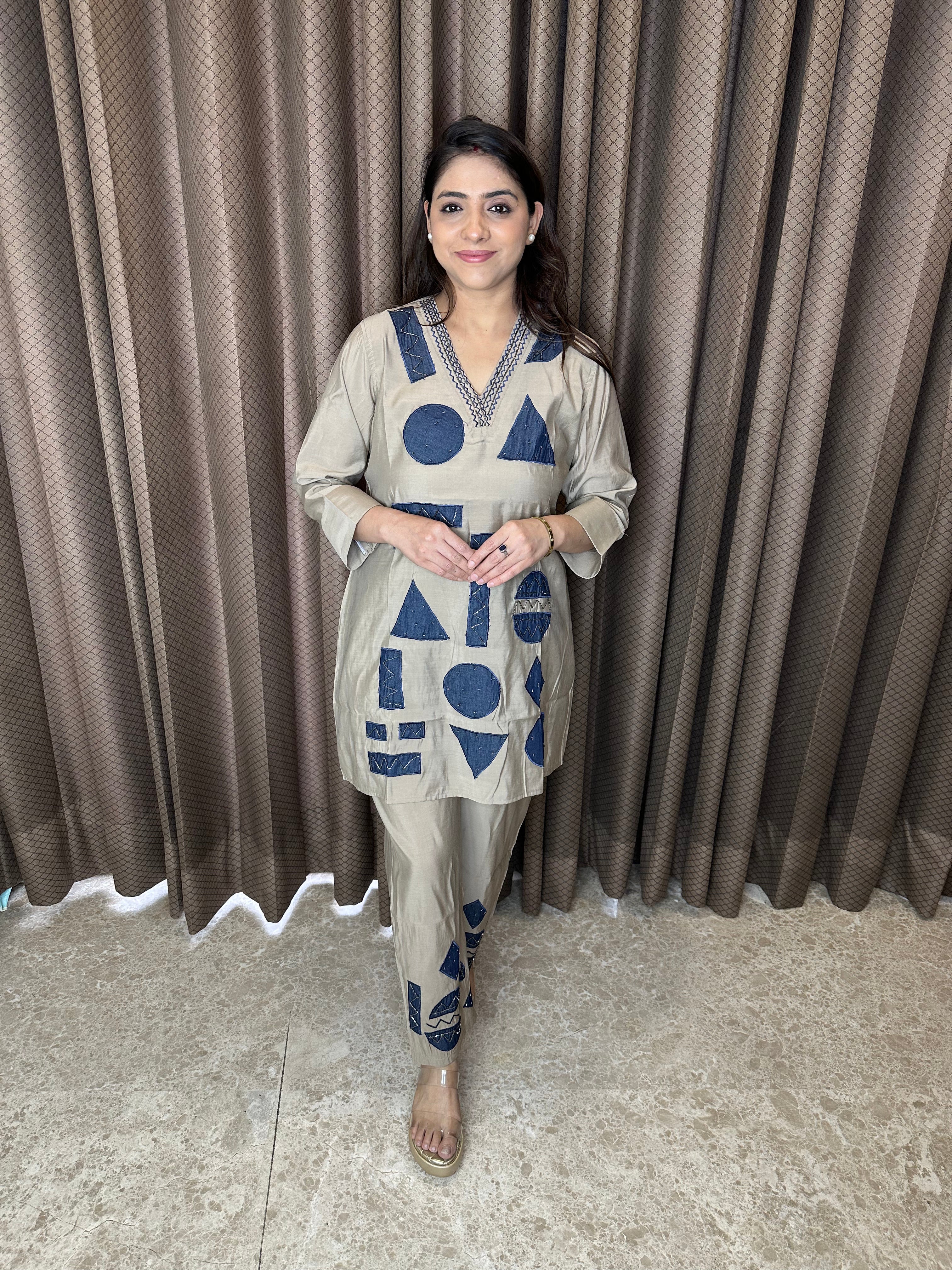 Earthy Brown geometrical Co-ord Set in Cotton