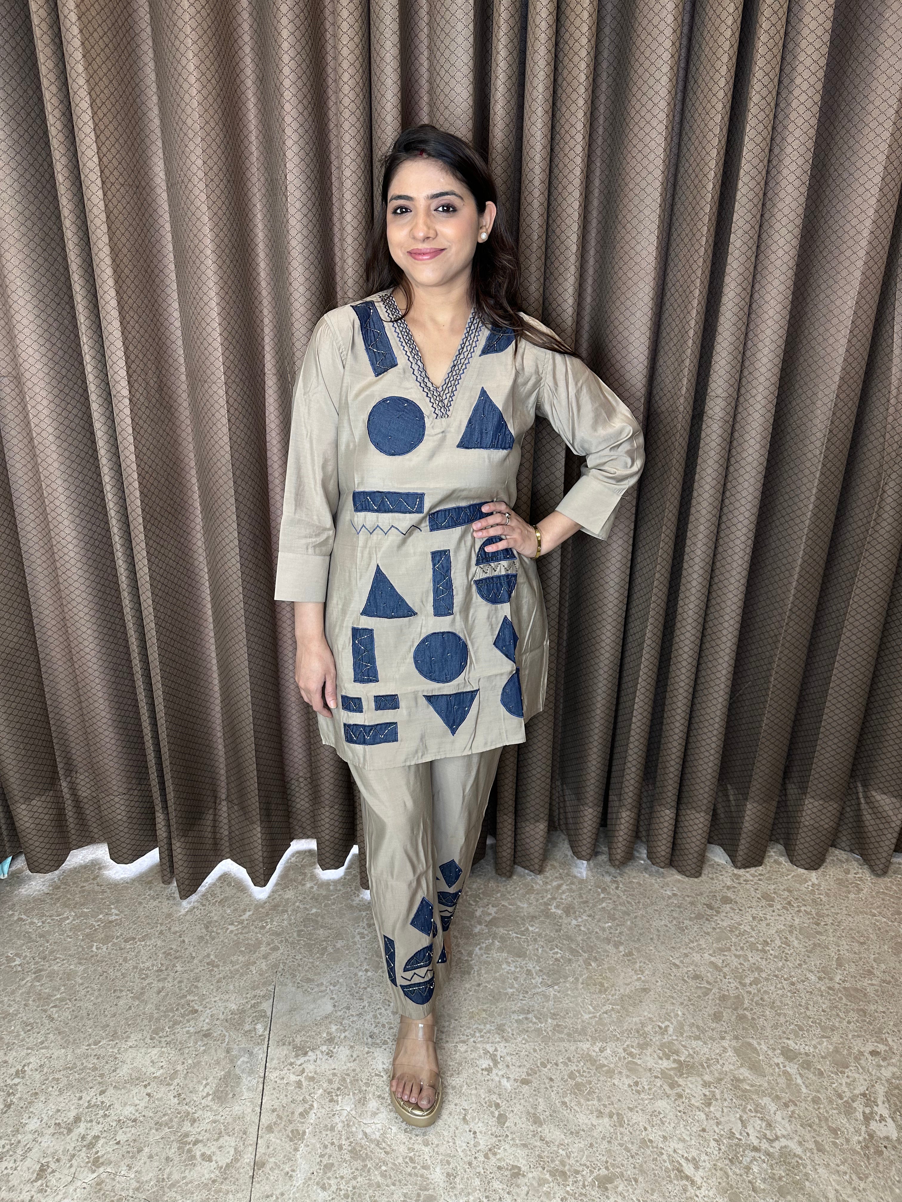 Earthy Brown geometrical Co-ord Set in Cotton