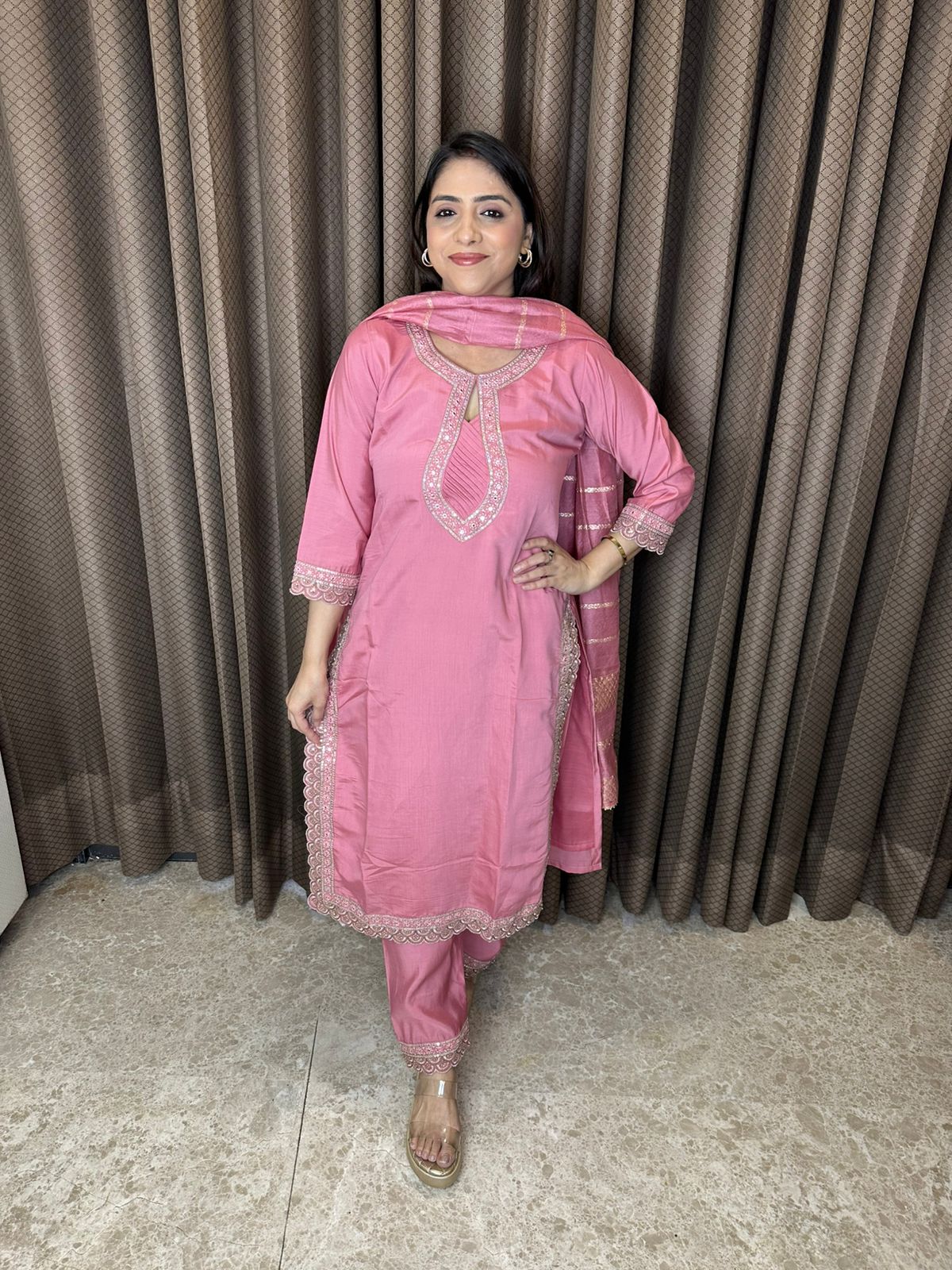 Dusty Rose Pink Suit Set with Embroidered Neckline & Lace Detailing