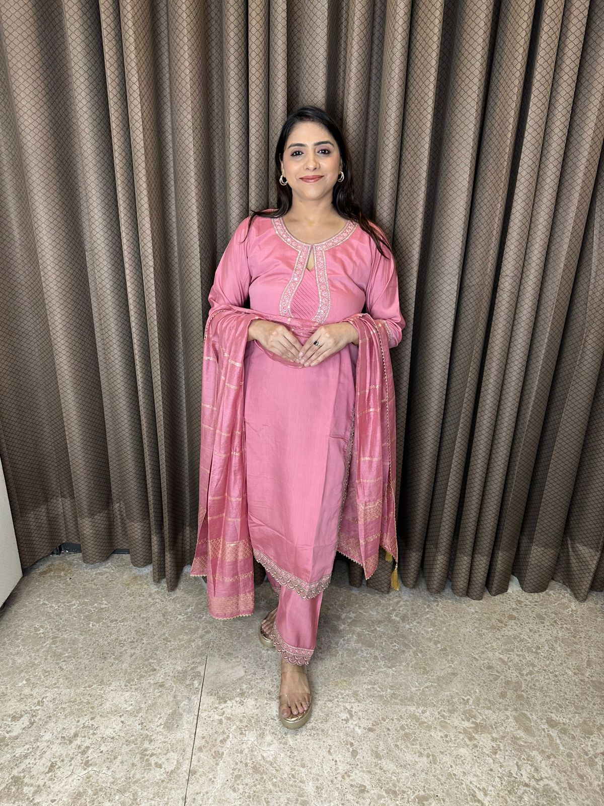 Dusty Rose Pink Suit Set with Embroidered Neckline & Lace Detailing