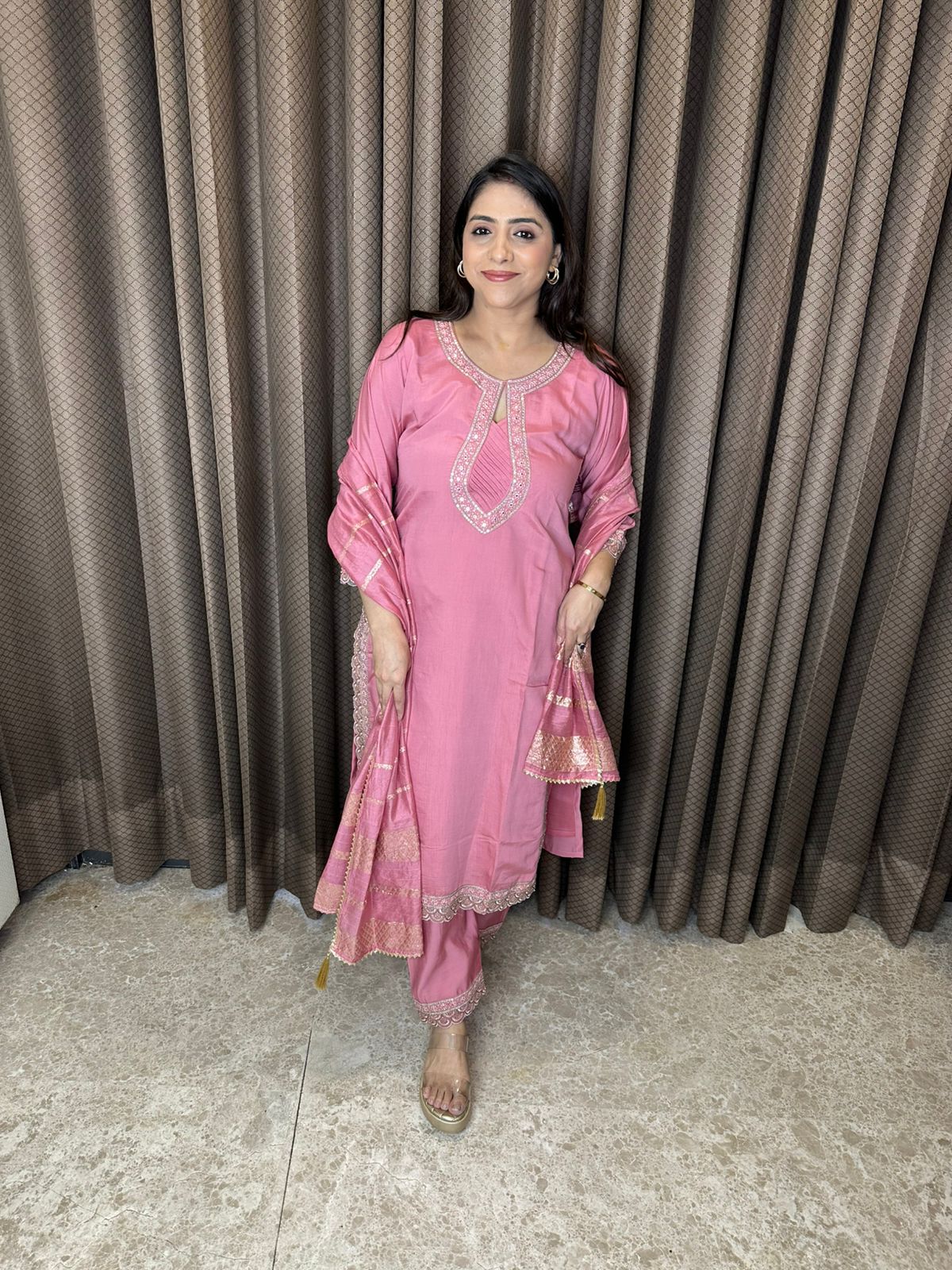 Dusty Rose Pink Suit Set with Embroidered Neckline & Lace Detailing