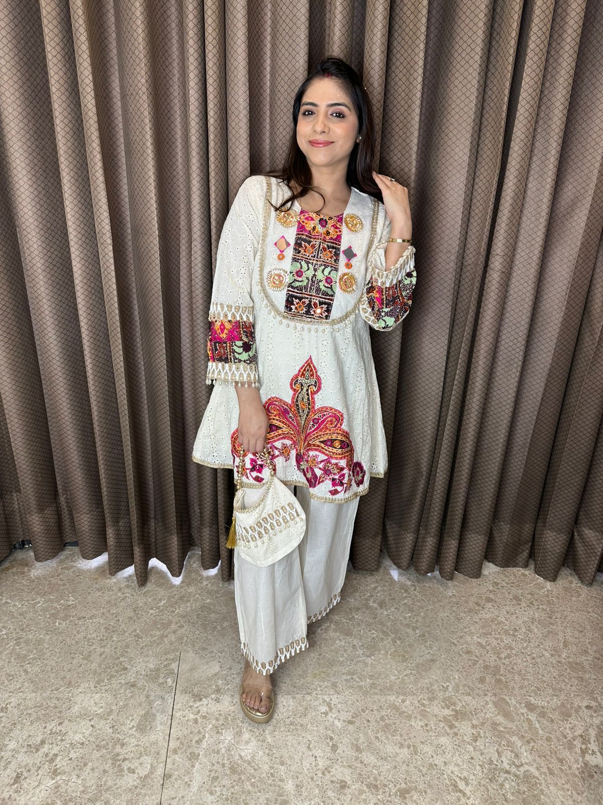 Ivory Mirror Work & Multicolor Embroidered Co-ord Set with Potli