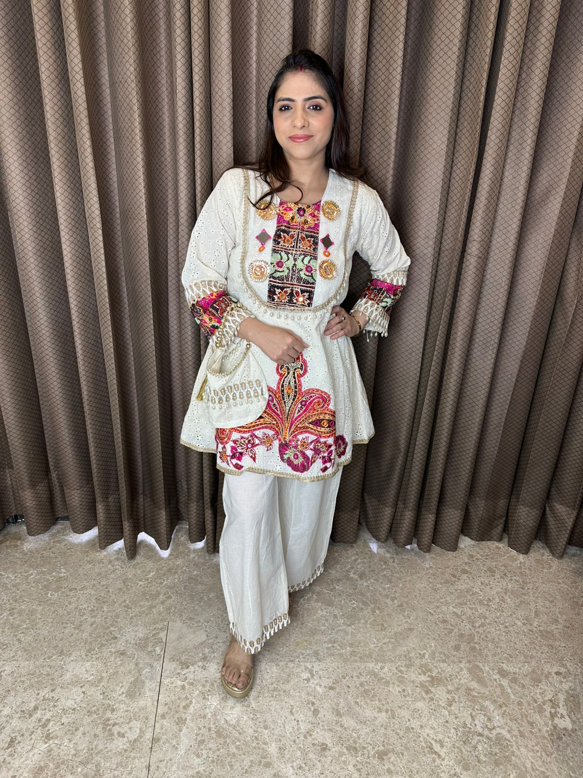 Ivory Mirror Work & Multicolor Embroidered Co-ord Set with Potli