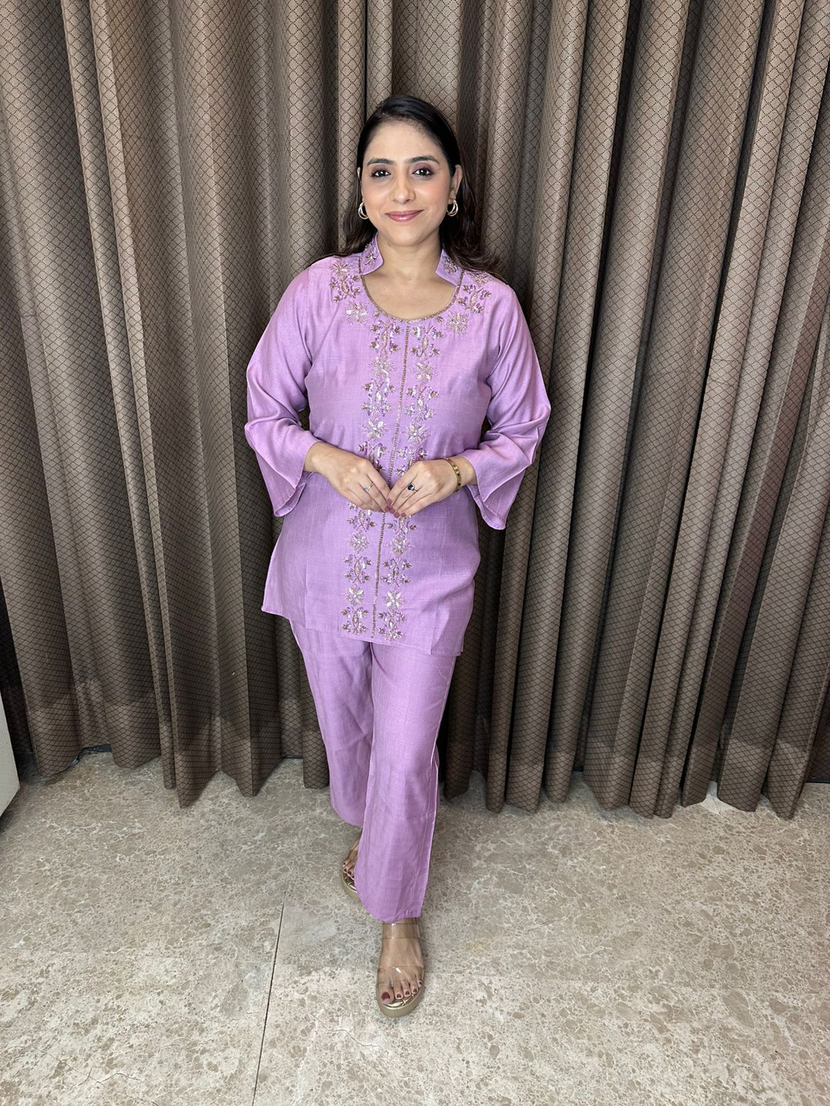 Lilac Embroidered Straight Co-ord Set