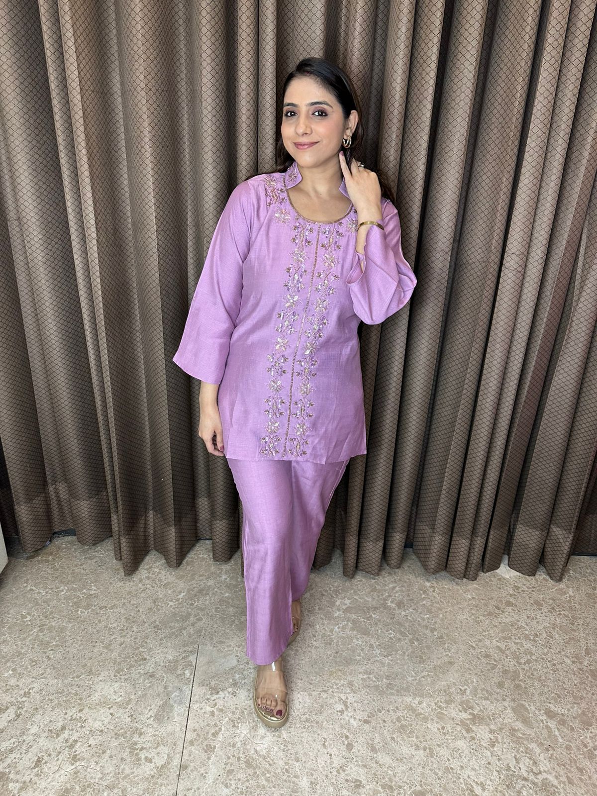 Lilac Embroidered Straight Co-ord Set