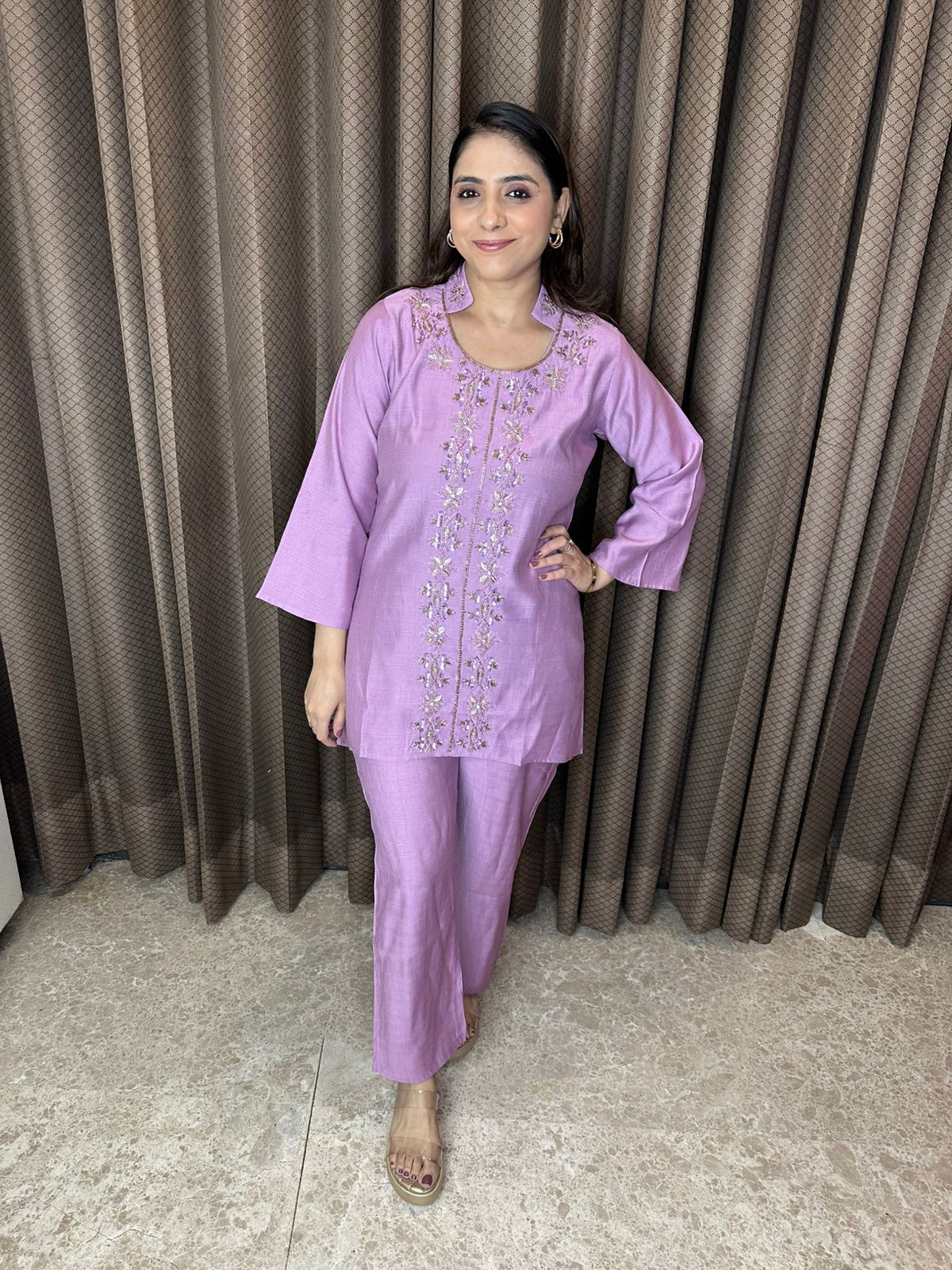 Lilac Embroidered Straight Co-ord Set