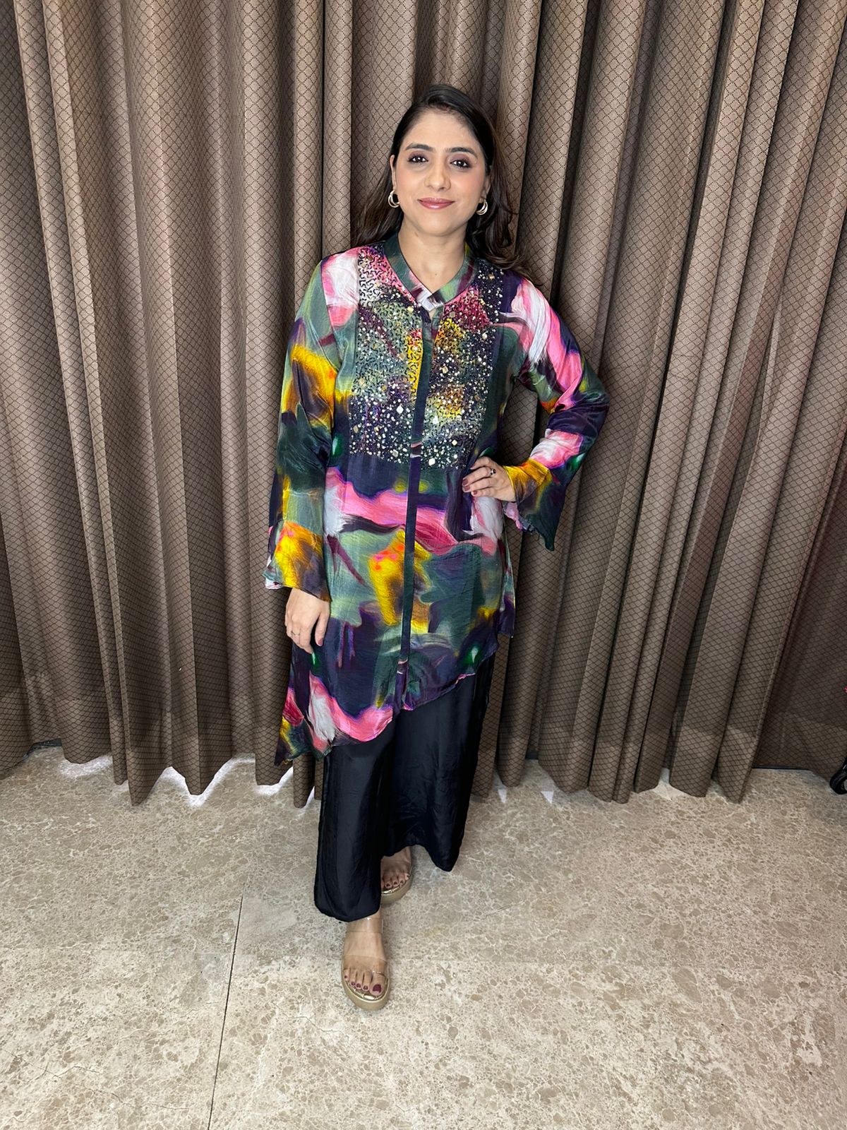 Multicolour Abstract Print Co-ord Set with Mirror Embellished Yoke