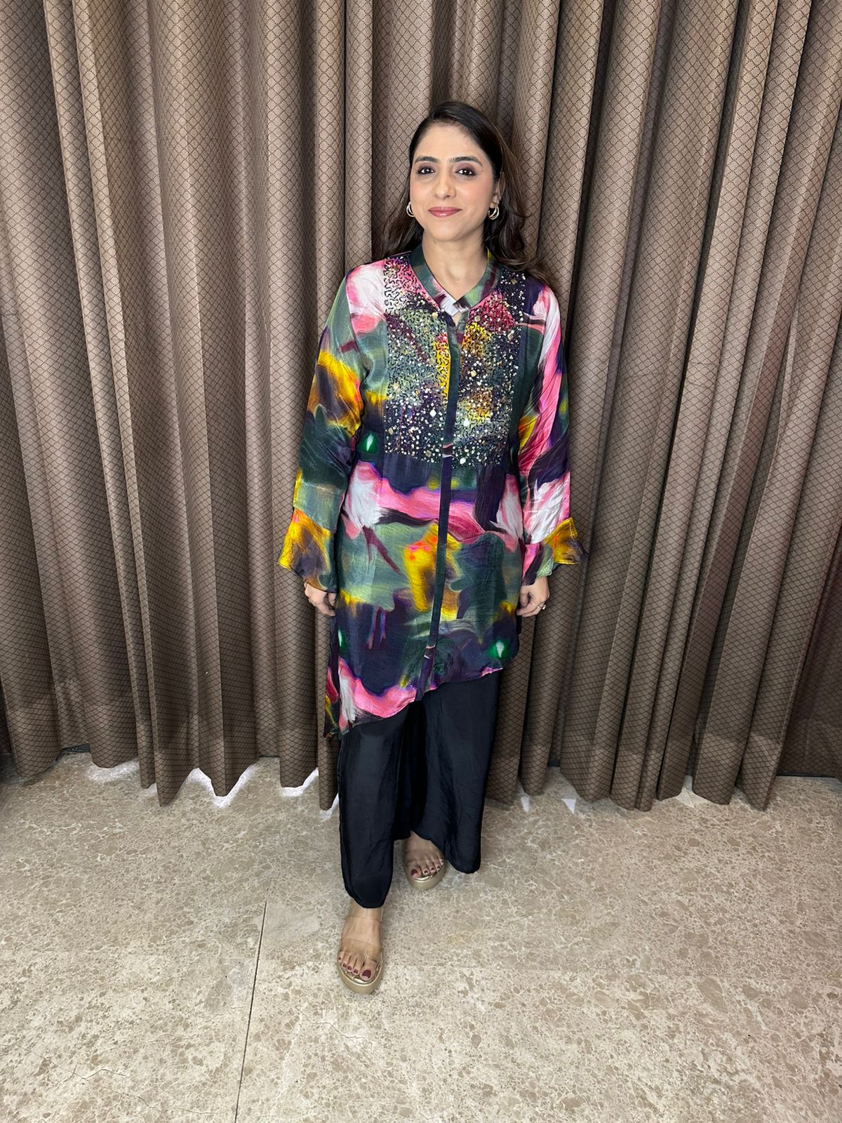 Multicolour Abstract Print Co-ord Set with Mirror Embellished Yoke