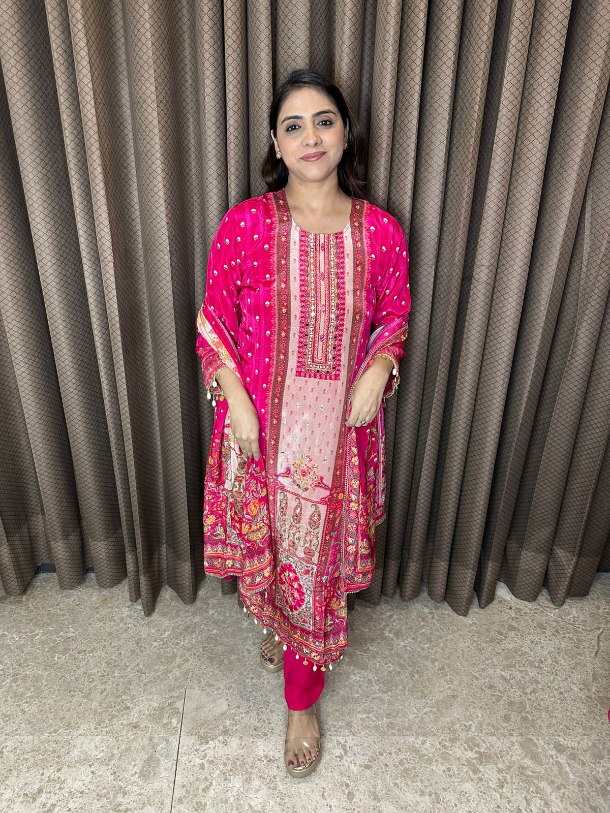 Vibrant Pink Printed Suit Set with Embellished Detailing