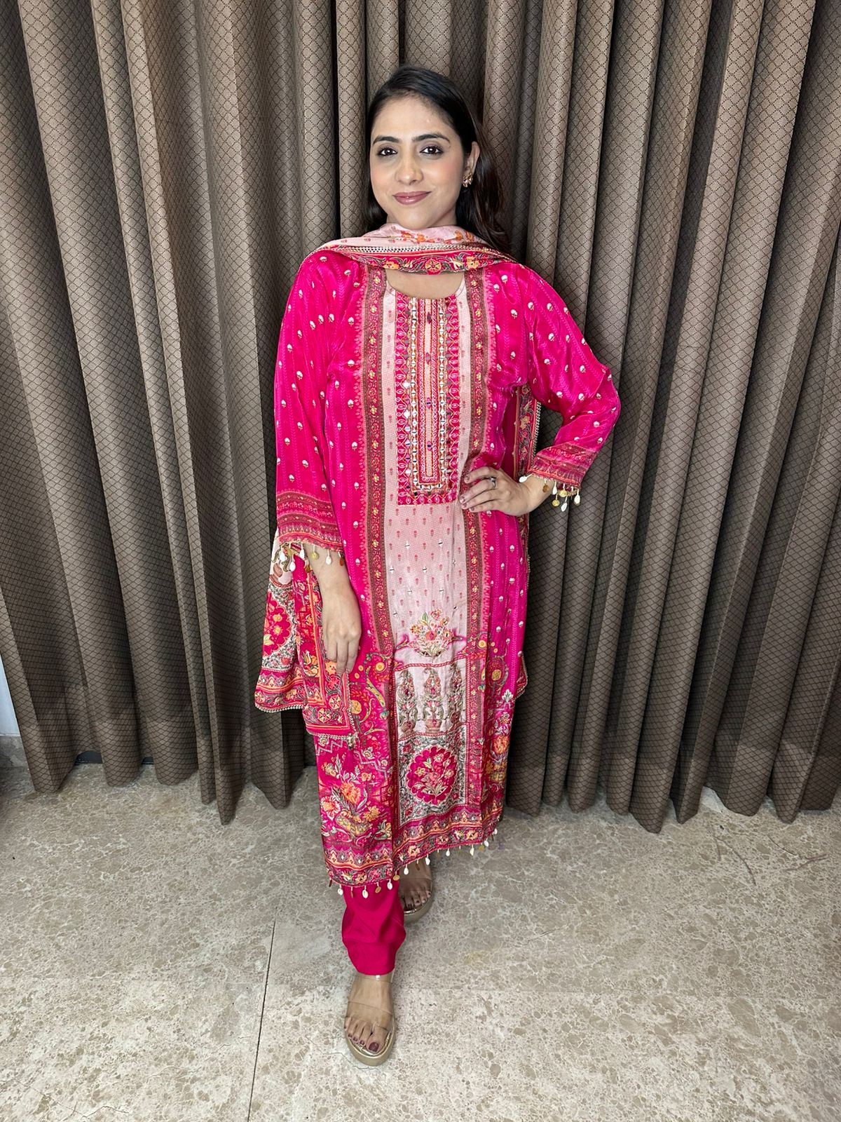 Vibrant Pink Printed Suit Set with Embellished Detailing