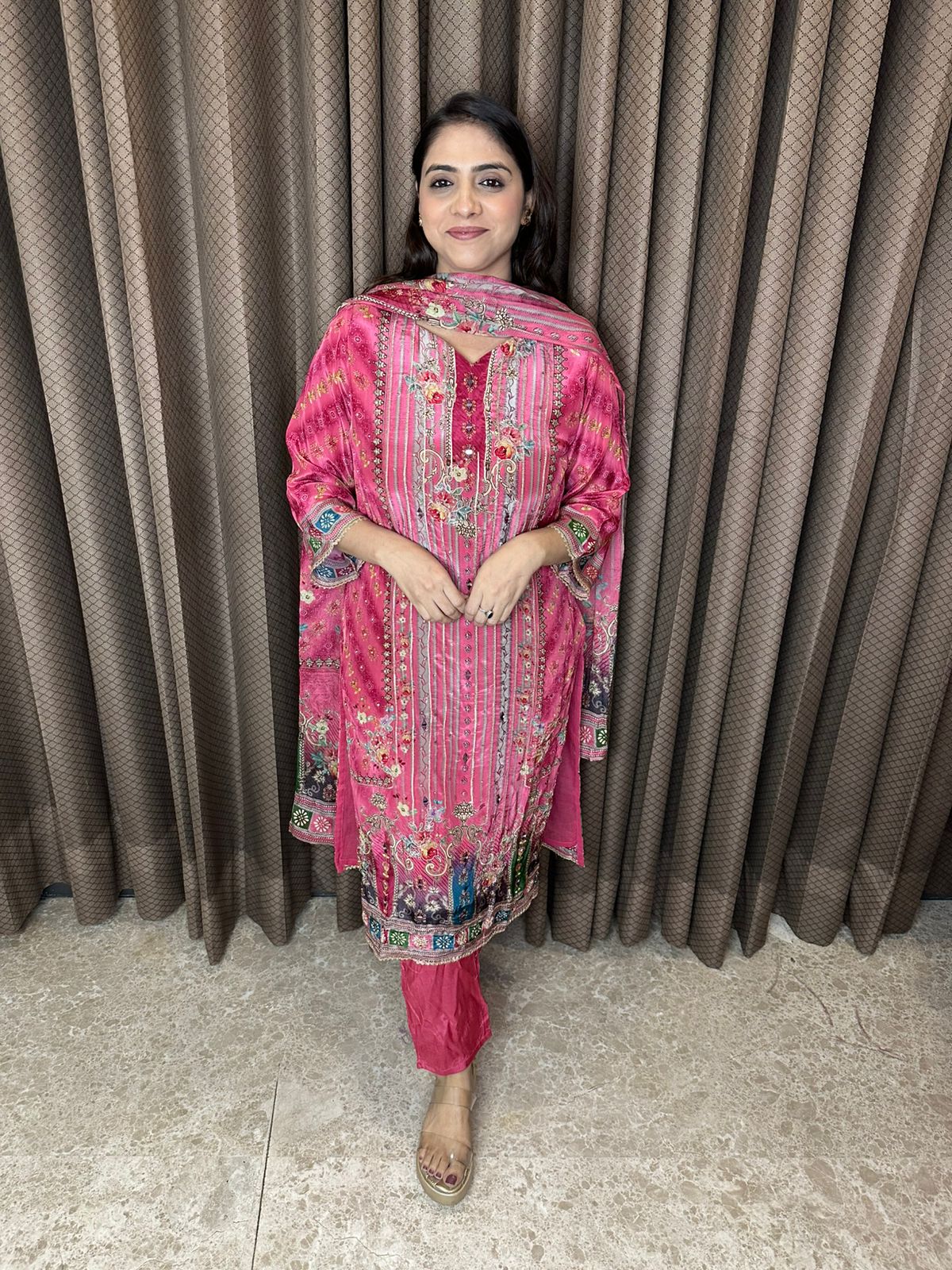Magenta Pink Printed Suit Set with Intricate Embroidery