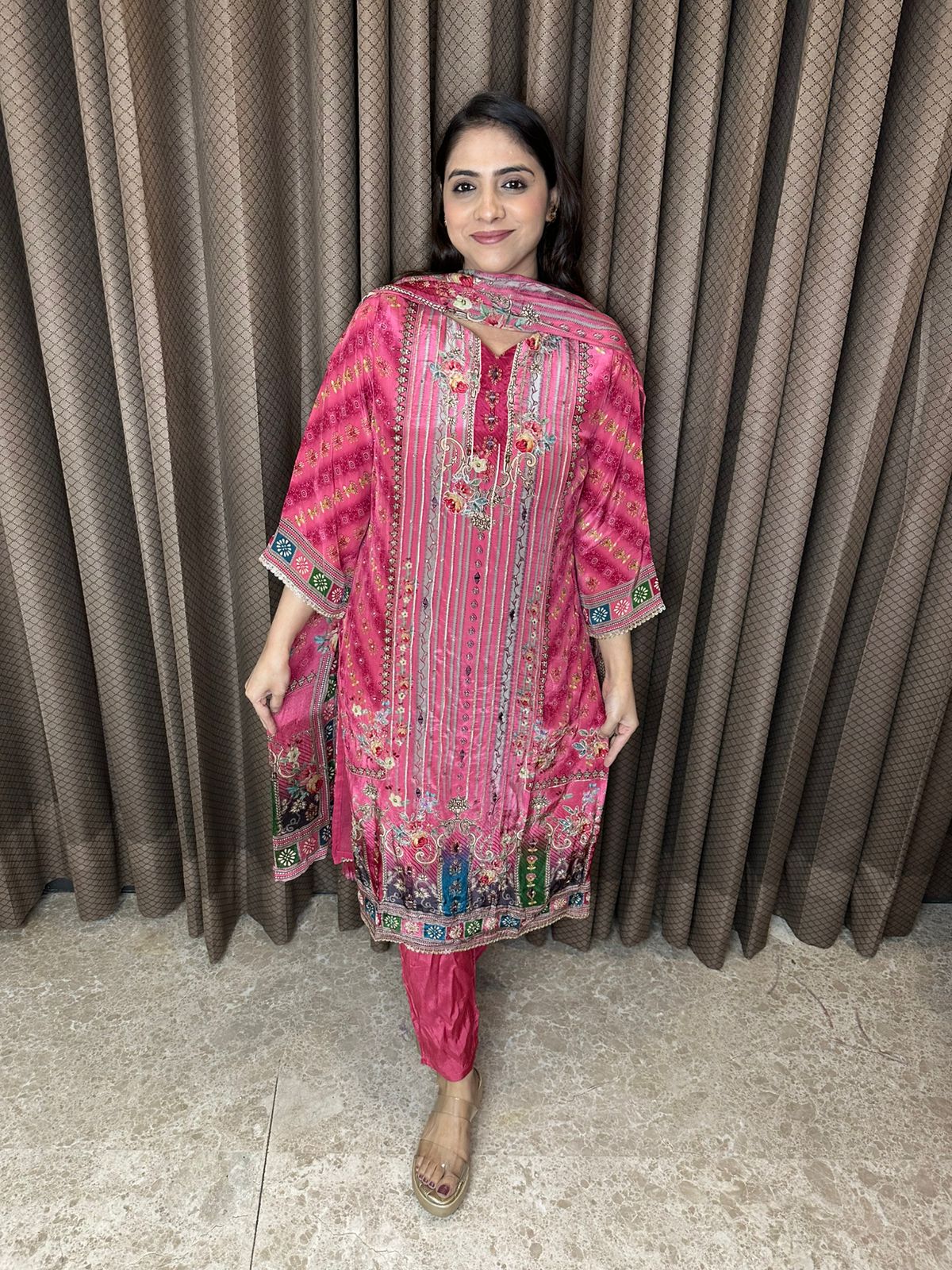 Magenta Pink Printed Suit Set with Intricate Embroidery