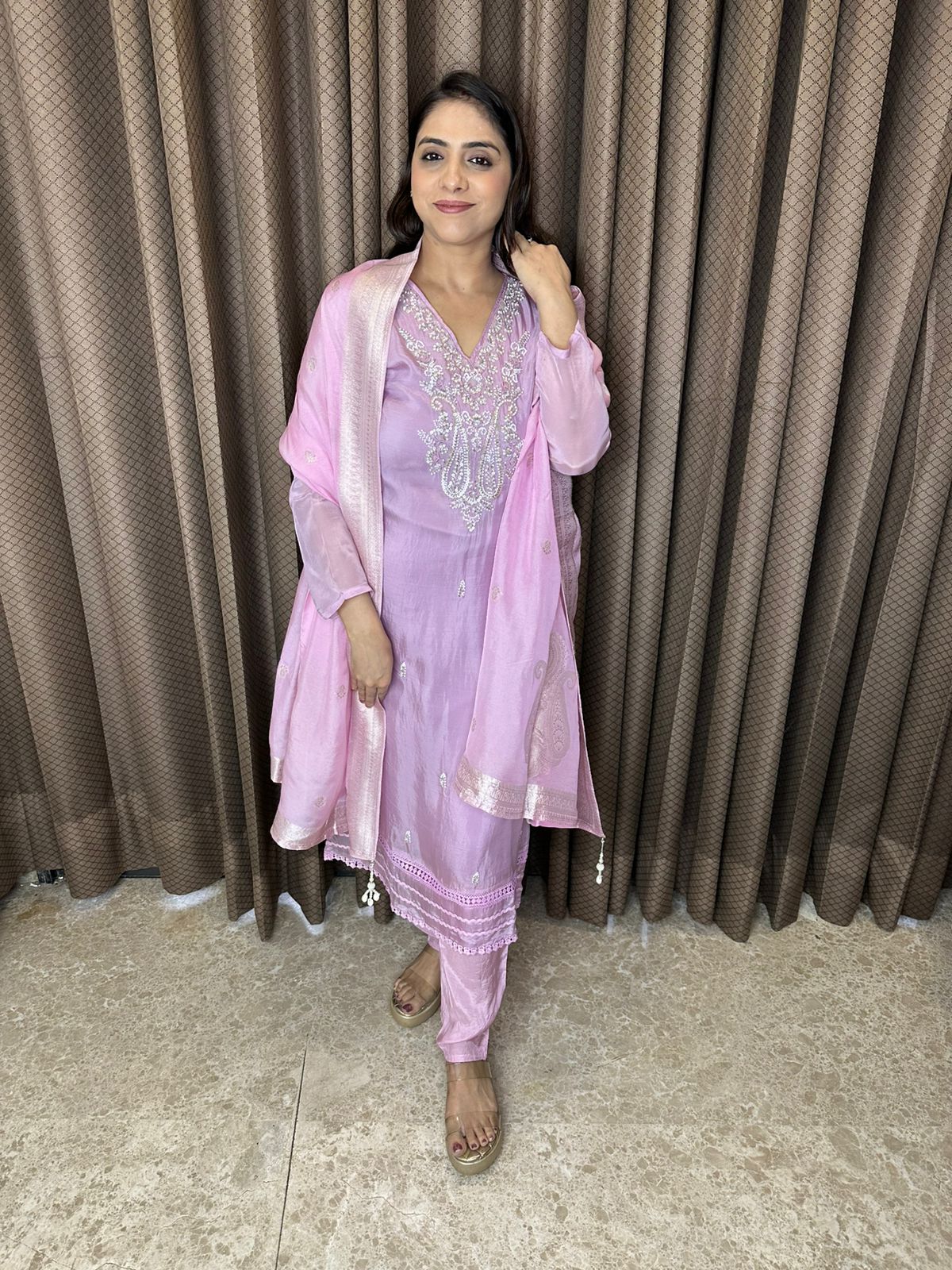 Blush Pink Embroidered Suit Set with Sheer Dupatta